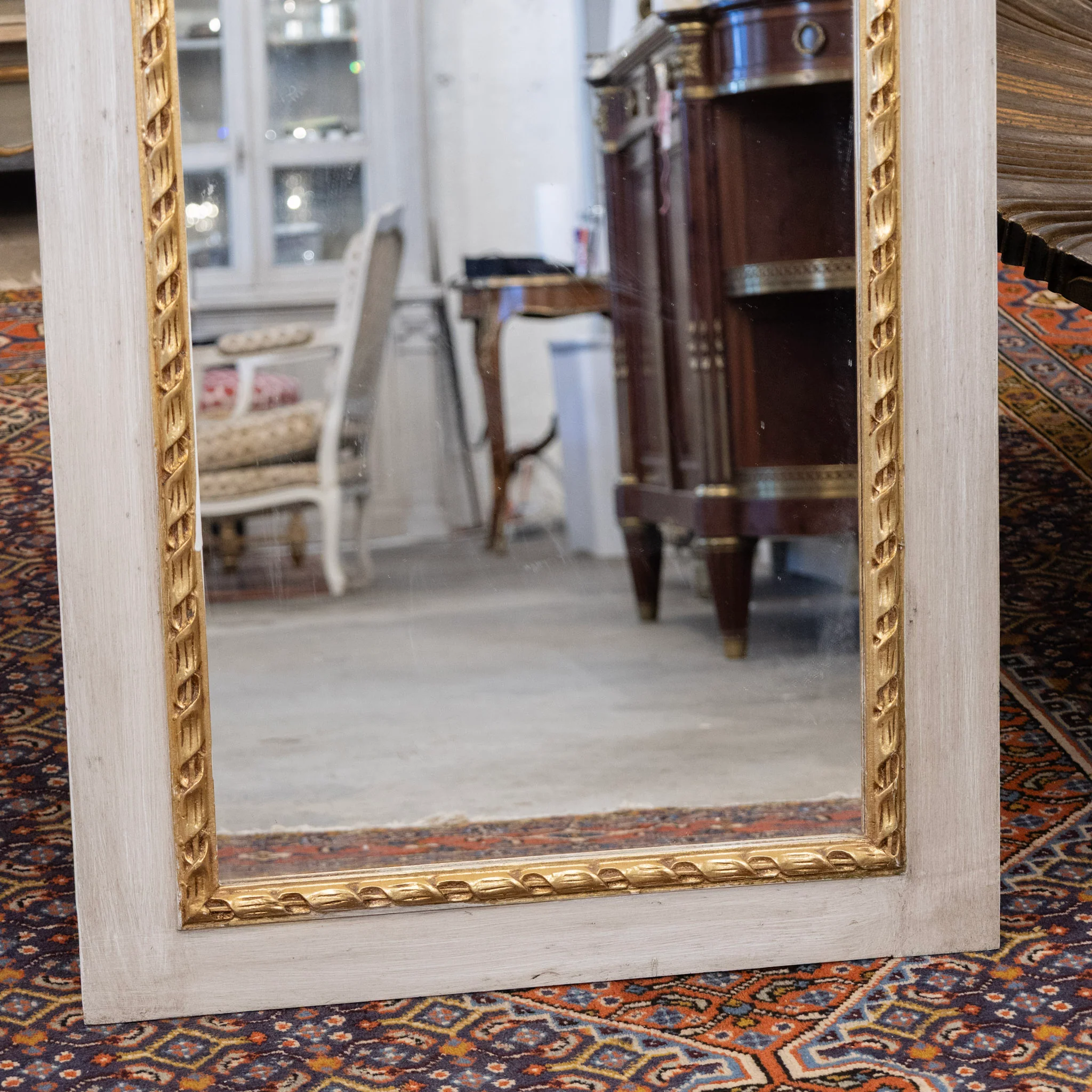 Louis XVI White Trumeau Mirror – Carved Floral Basket Crest - Image 3
