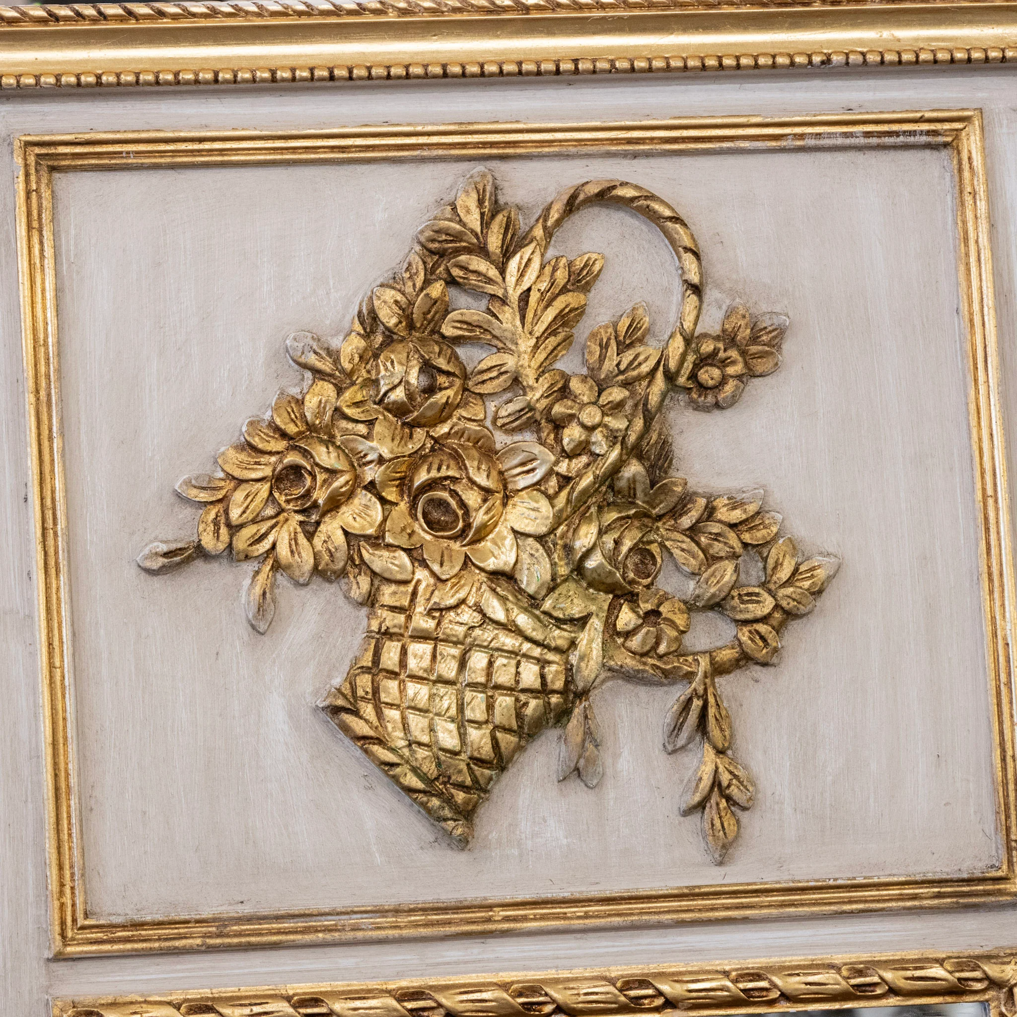 Louis XVI White Trumeau Mirror – Carved Floral Basket Crest - Image 4
