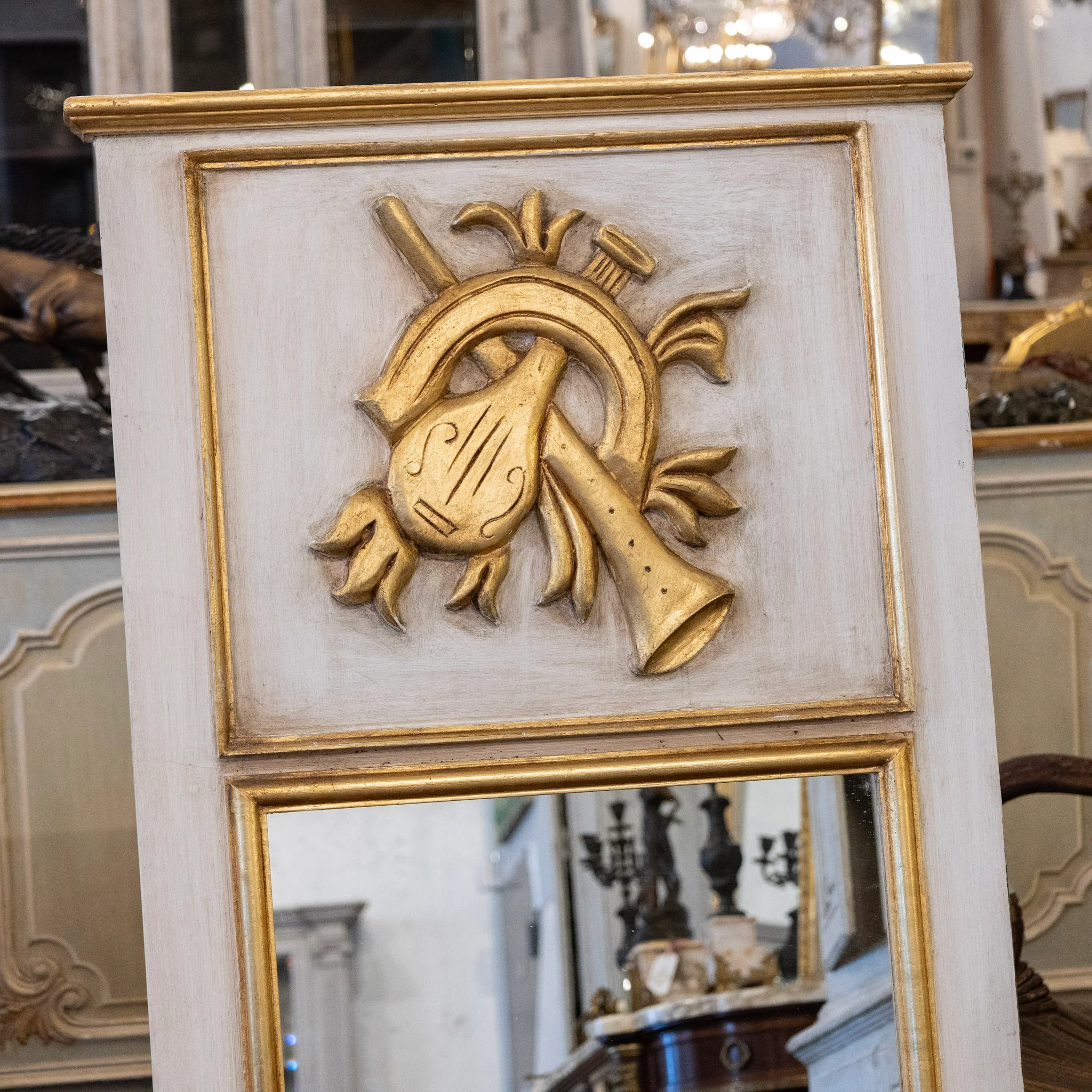 Louis XVI White Trumeau Mirror – Carved Musical Crest - Image 2
