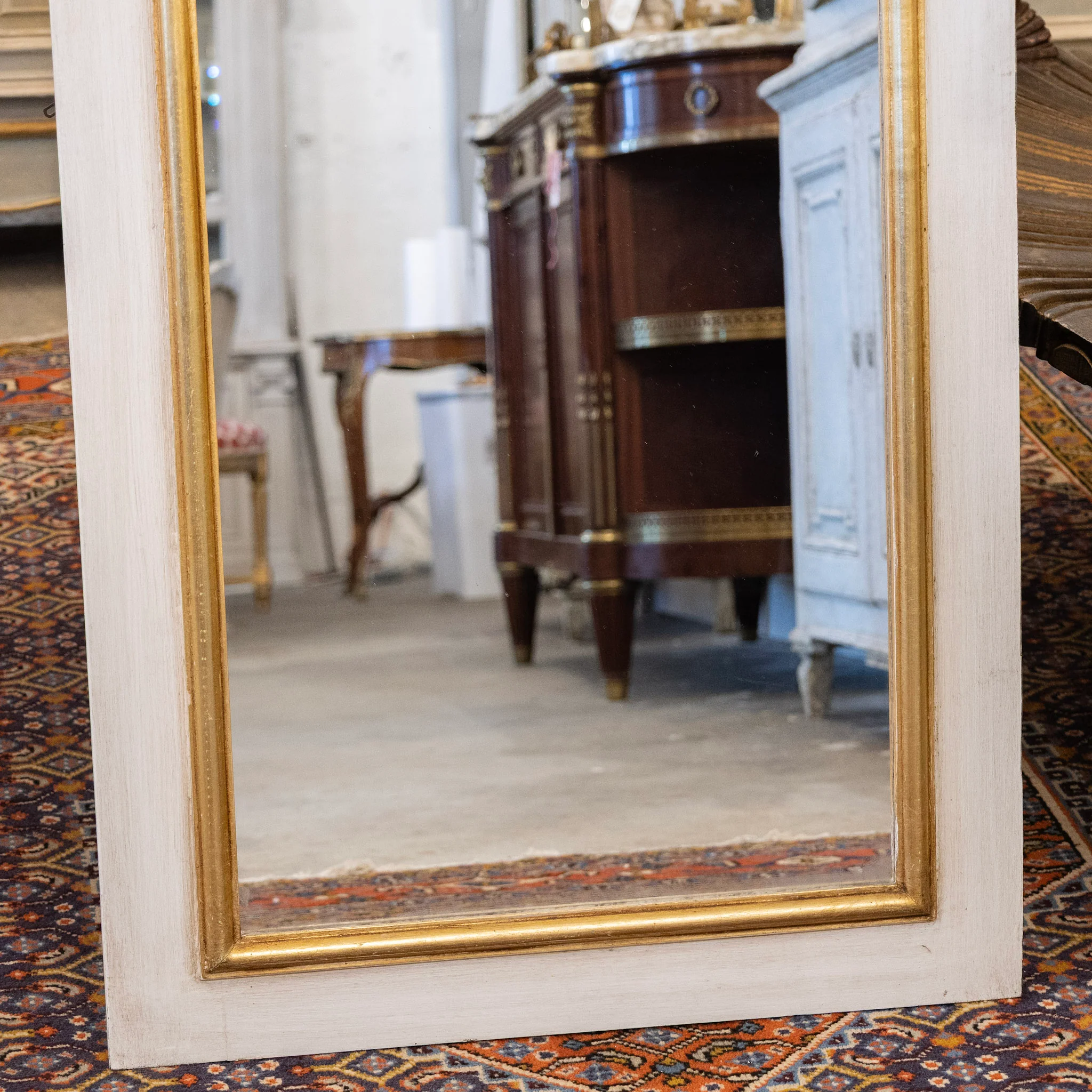 Louis XVI White Trumeau Mirror – Carved Musical Crest - Image 3