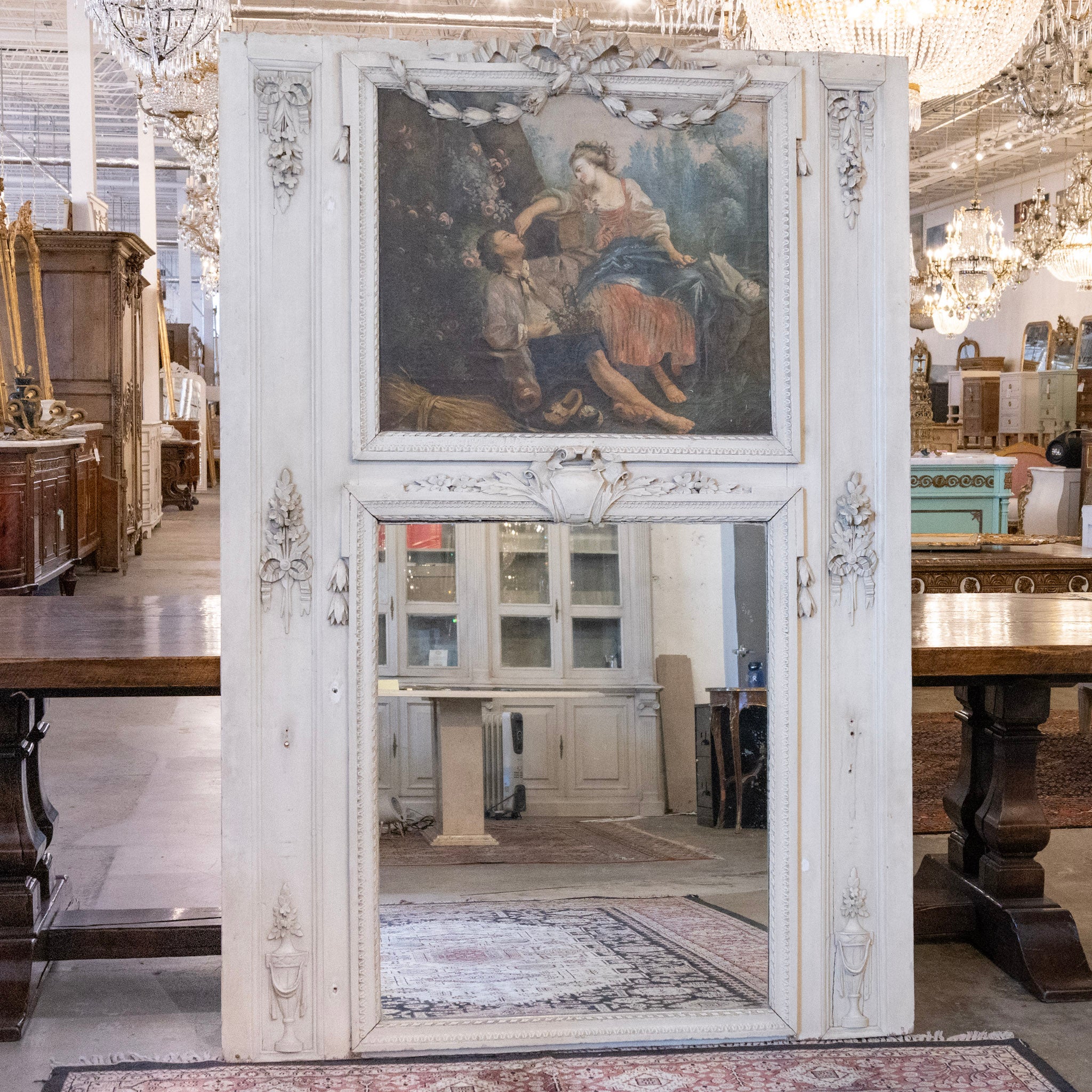 Louis XVI White Trumeau Mirror – French Painting with Carved Florals & Bows