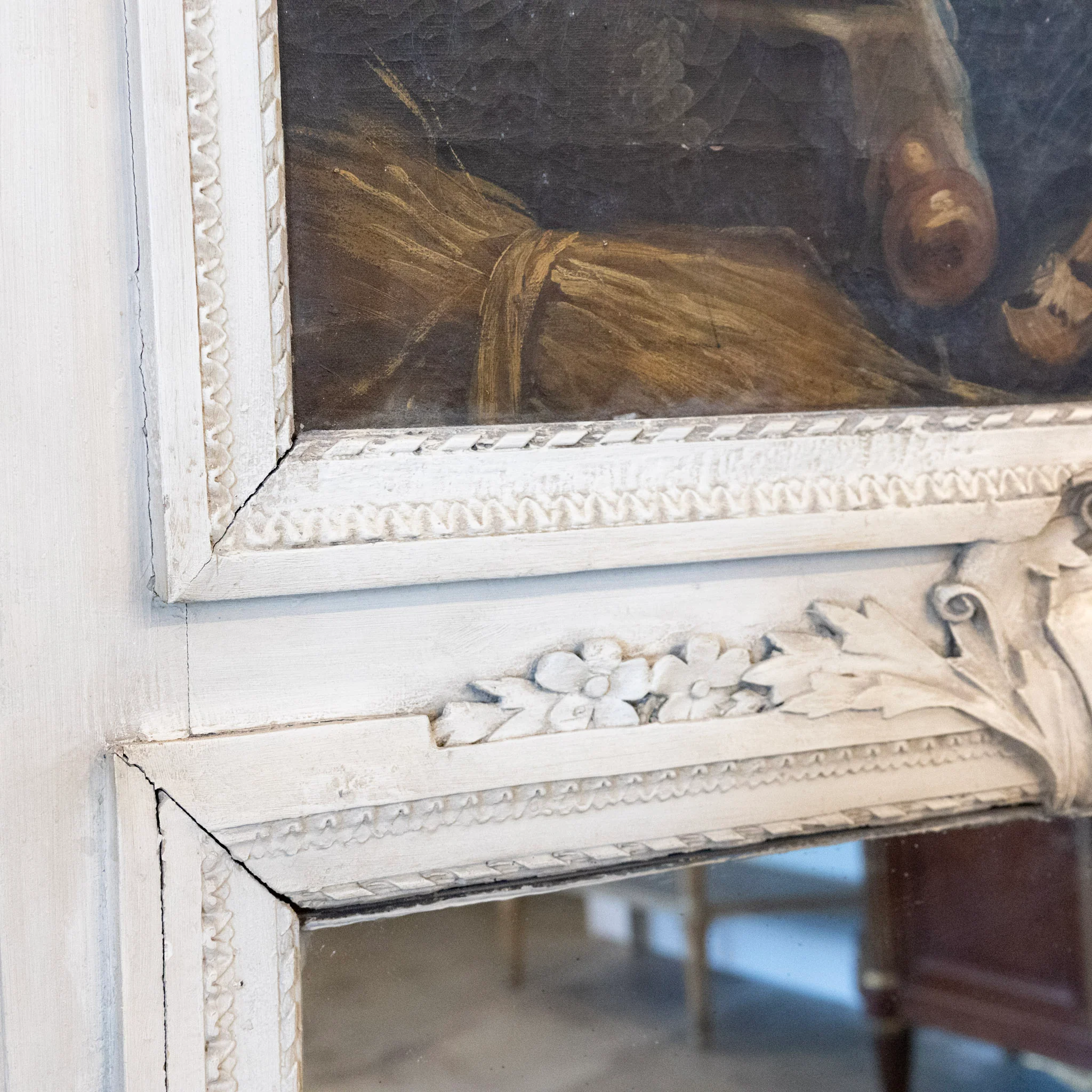 Louis XVI White Trumeau Mirror – French Painting with Carved Florals & Bows - Image 10