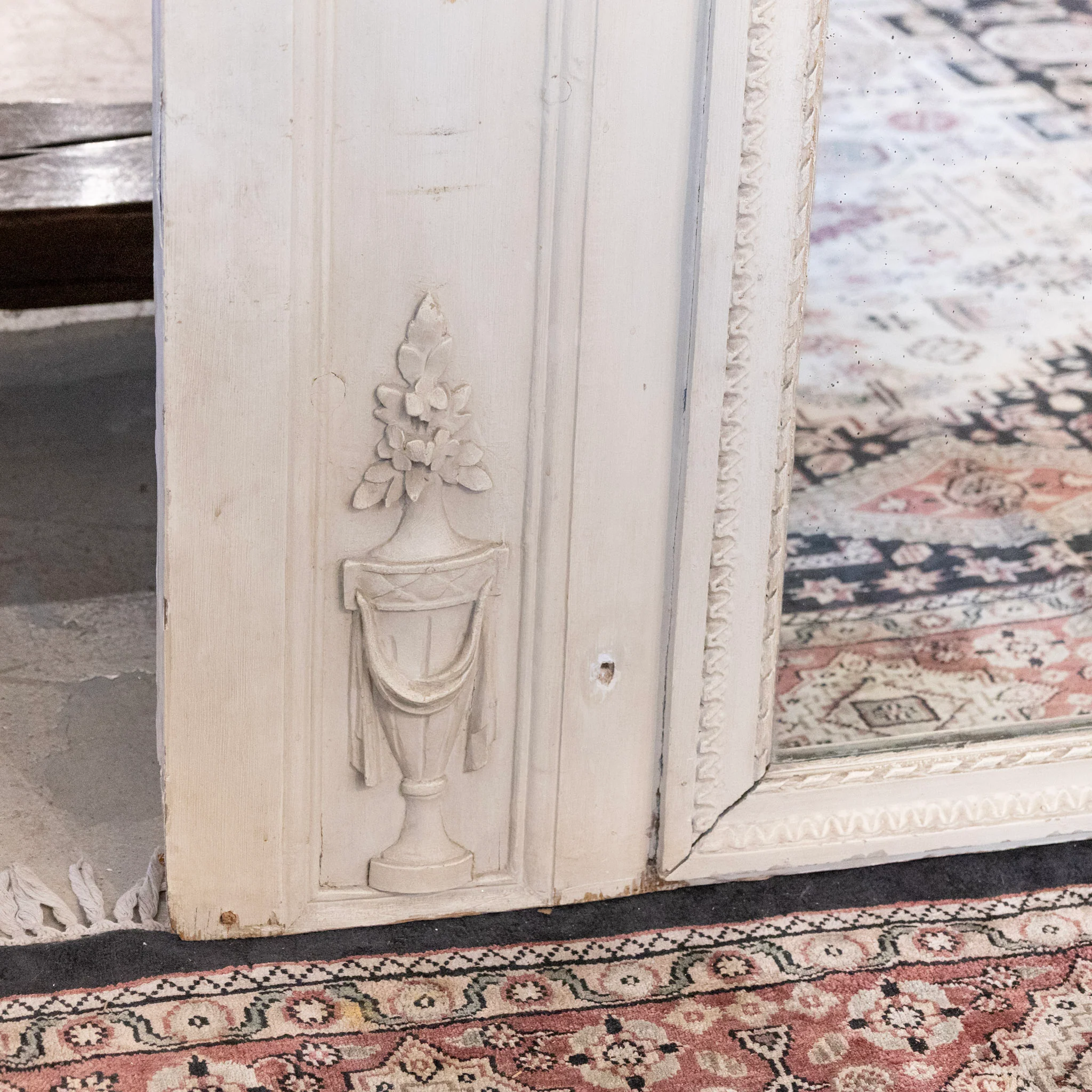 Louis XVI White Trumeau Mirror – French Painting with Carved Florals & Bows - Image 11