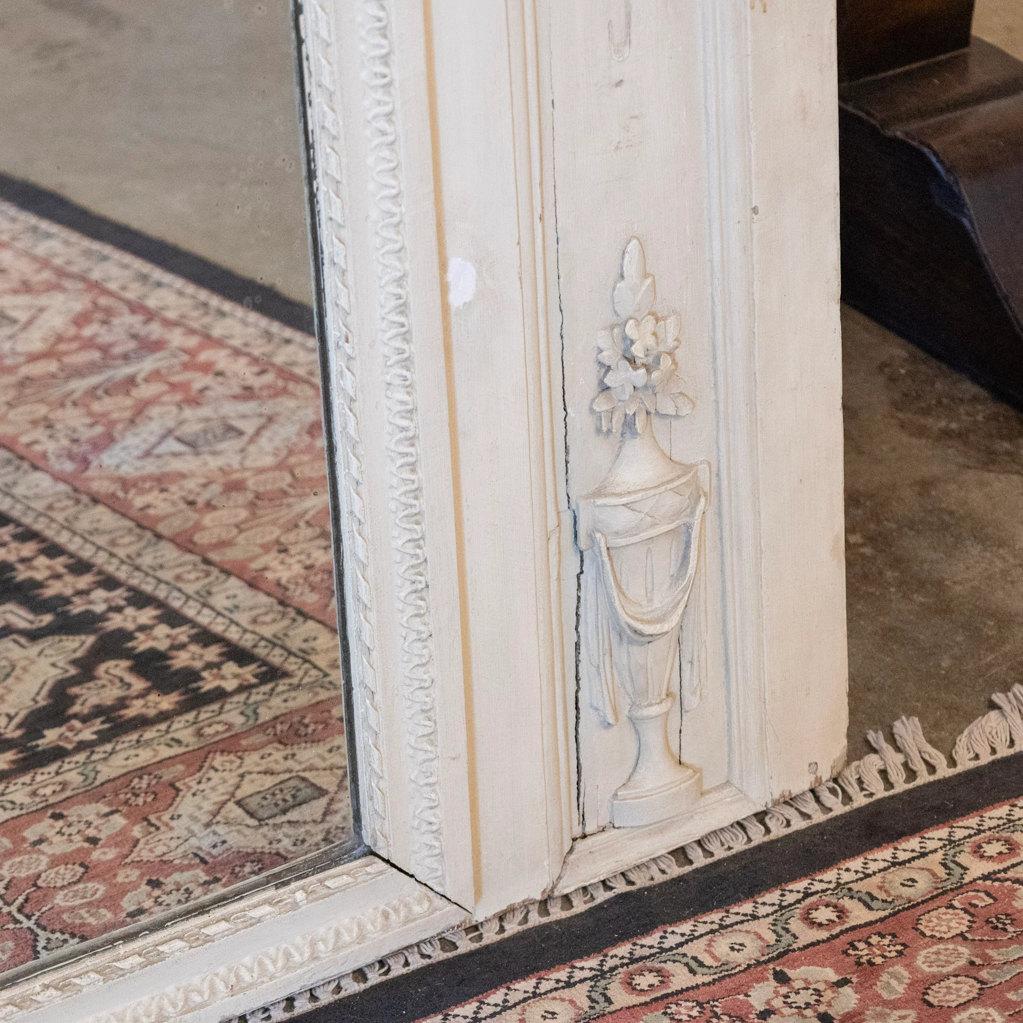 Louis XVI White Trumeau Mirror – French Painting with Carved Florals & Bows - Image 12