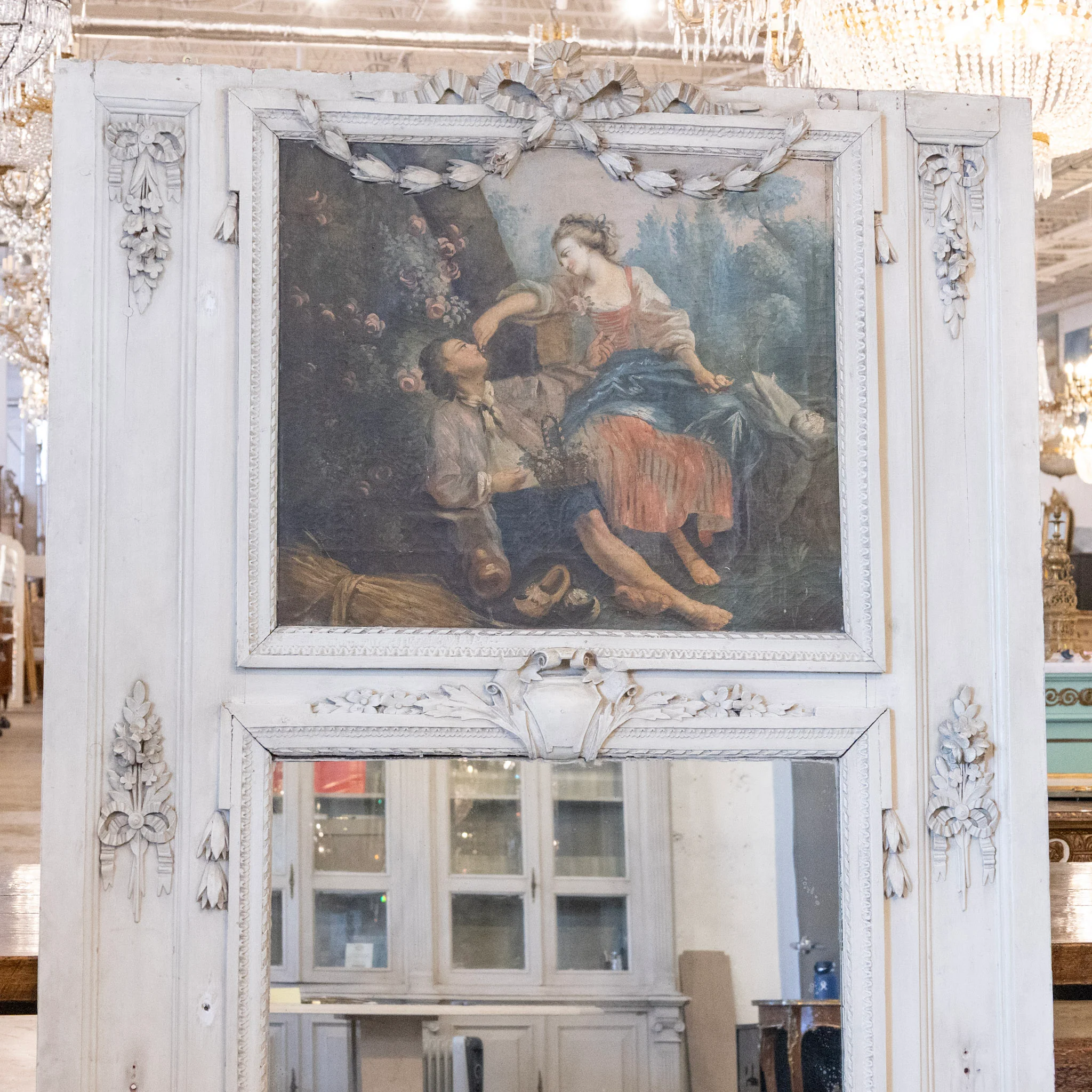 Louis XVI White Trumeau Mirror – French Painting with Carved Florals & Bows - Image 2