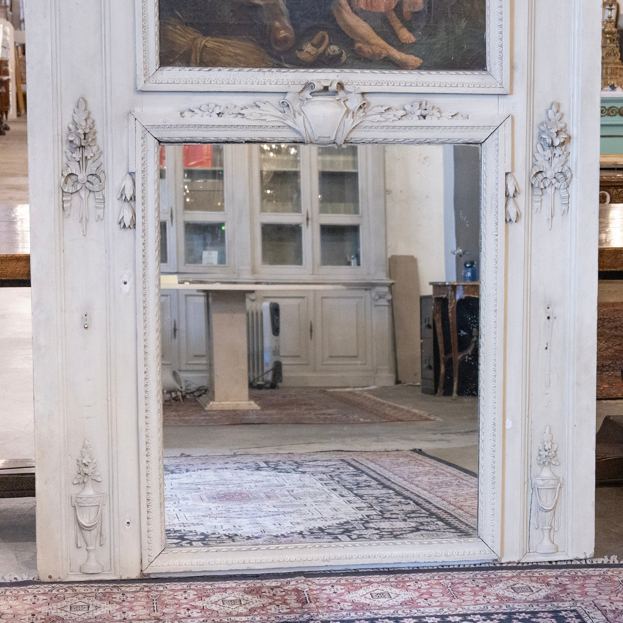 Louis XVI White Trumeau Mirror – French Painting with Carved Florals & Bows - Image 3