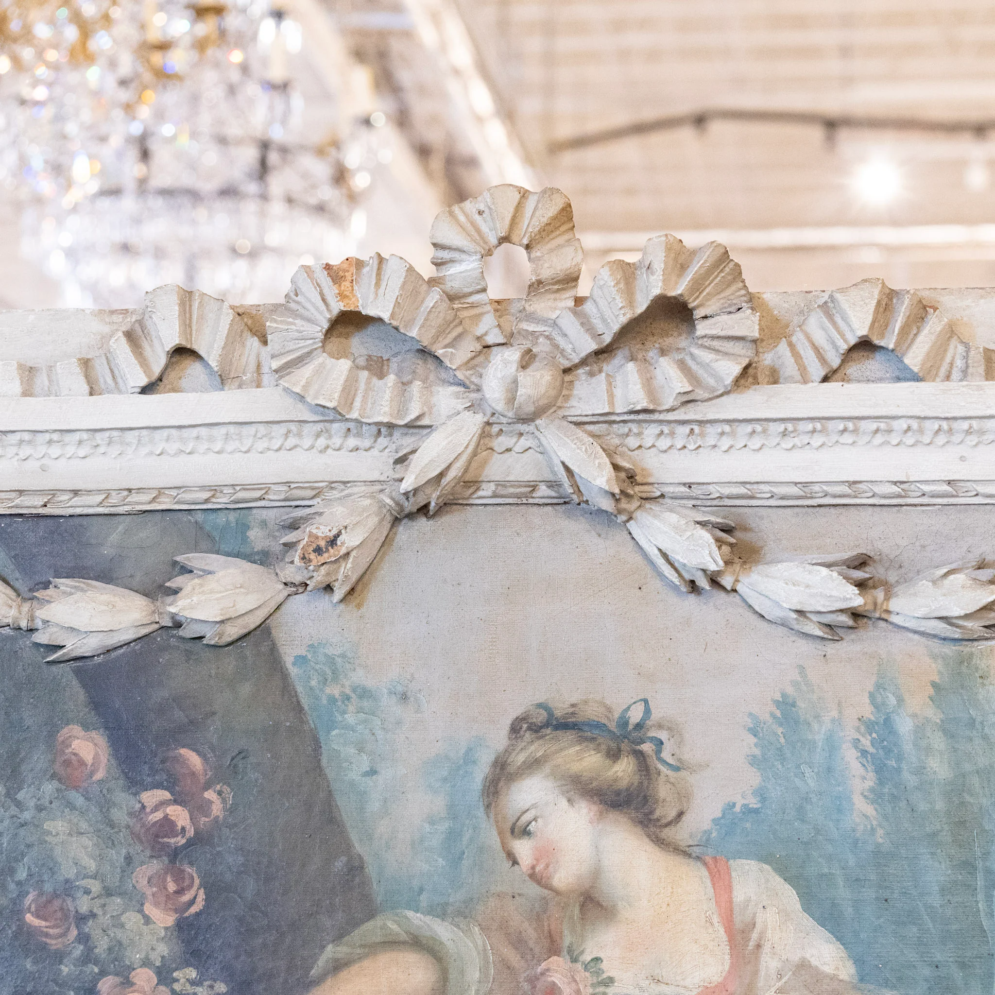 Louis XVI White Trumeau Mirror – French Painting with Carved Florals & Bows - Image 5
