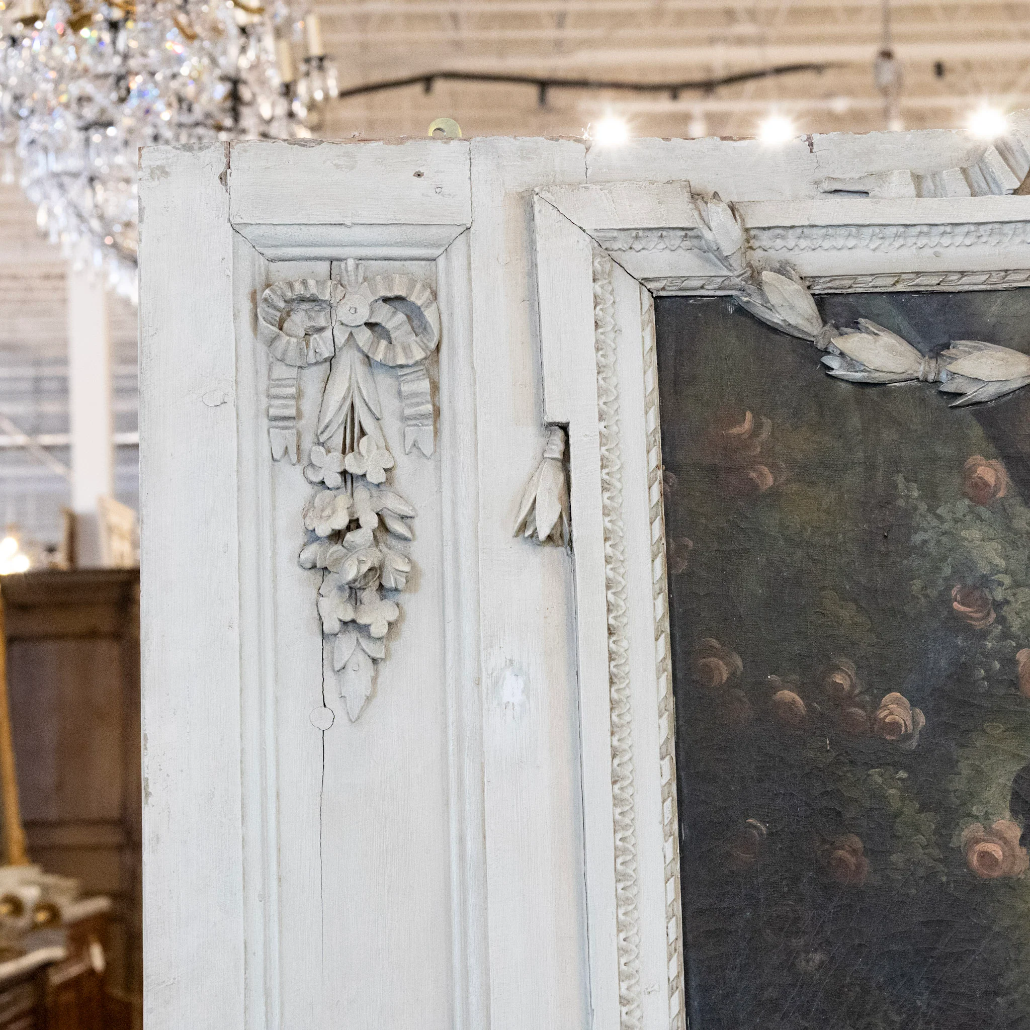 Louis XVI White Trumeau Mirror – French Painting with Carved Florals & Bows - Image 7