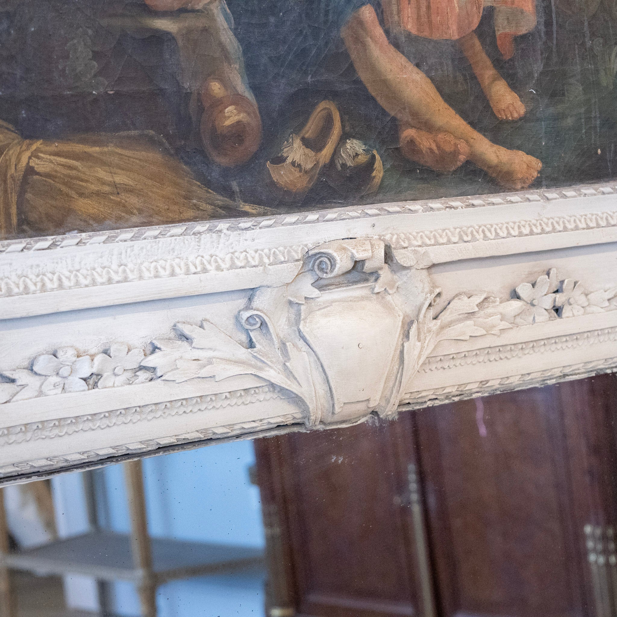 Louis XVI White Trumeau Mirror – French Painting with Carved Florals & Bows - Image 9