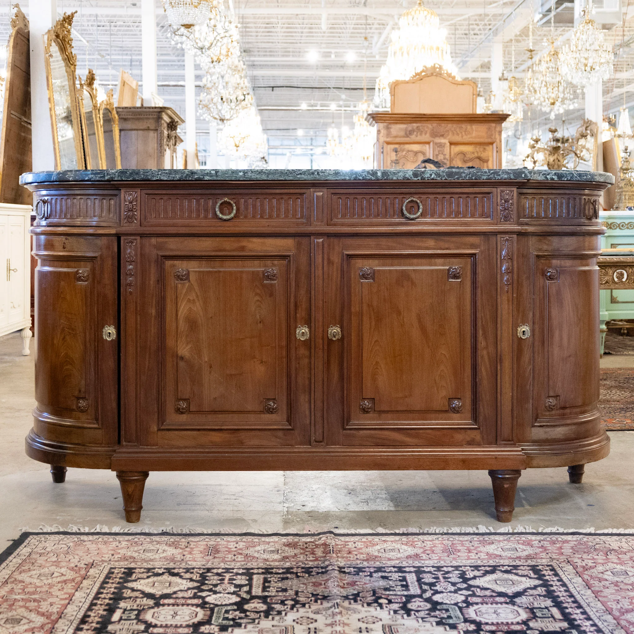 Louis XVI Wood Demilune Sideboard – Carved Trim & Brass Pulls with Black Marble Top