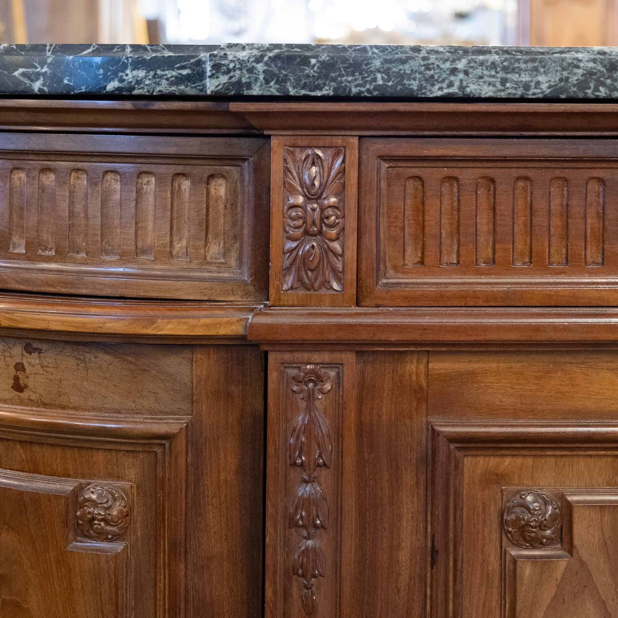 Louis XVI Wood Demilune Sideboard – Carved Trim & Brass Pulls with Black Marble Top - Image 10
