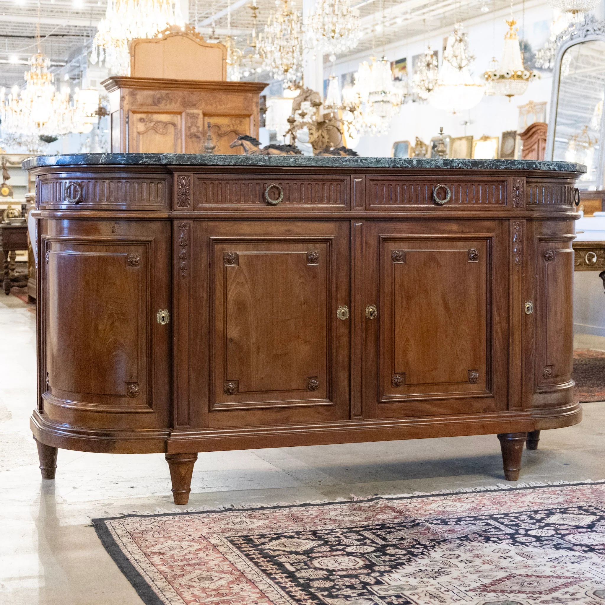 Louis XVI Wood Demilune Sideboard – Carved Trim & Brass Pulls with Black Marble Top - Image 2