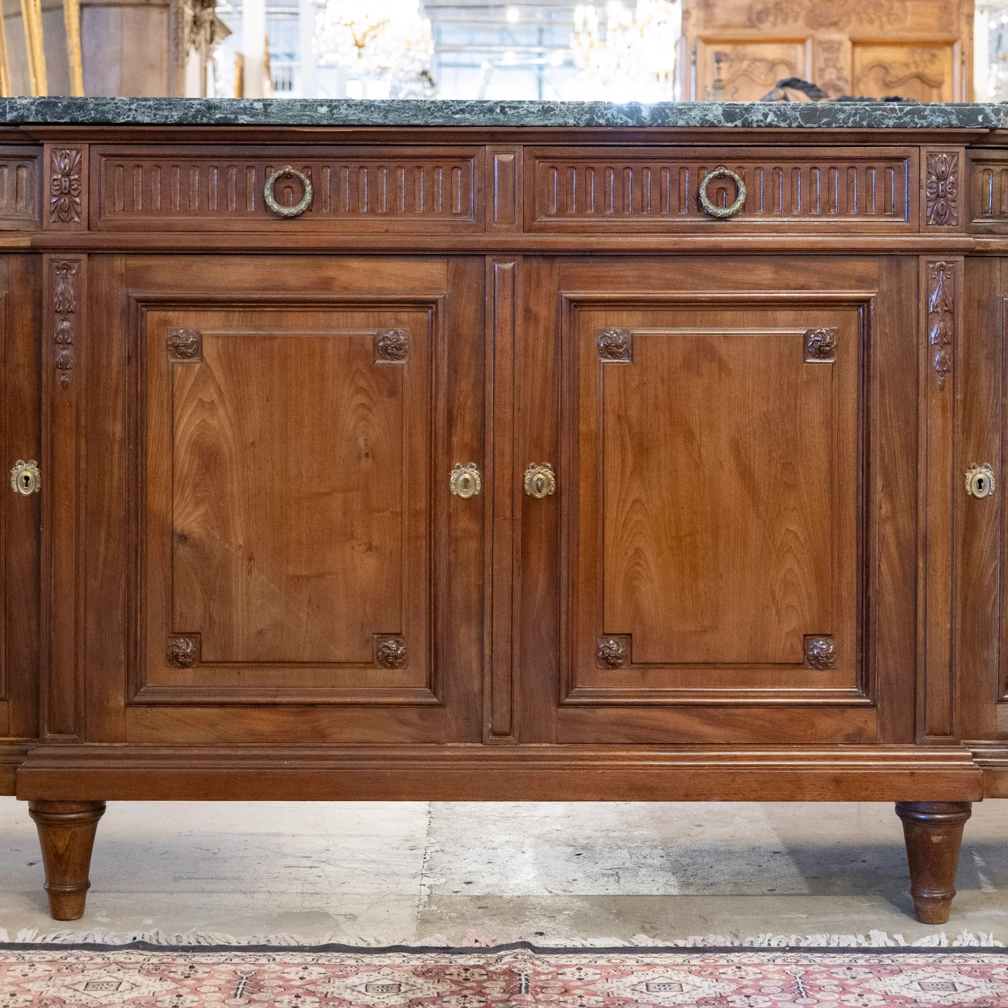 Louis XVI Wood Demilune Sideboard – Carved Trim & Brass Pulls with Black Marble Top - Image 3