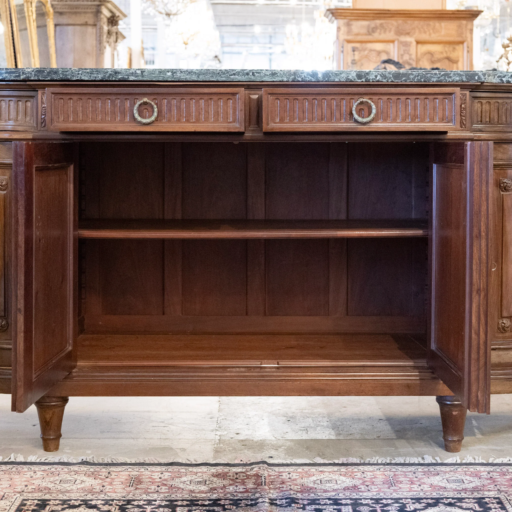 Louis XVI Wood Demilune Sideboard – Carved Trim & Brass Pulls with Black Marble Top - Image 4