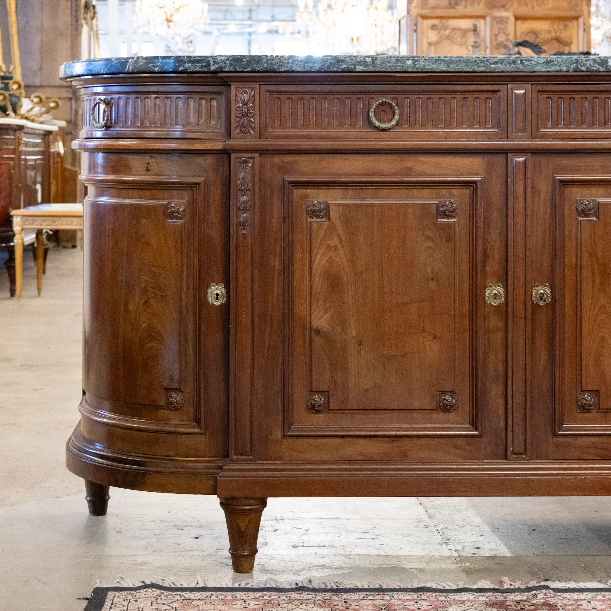 Louis XVI Wood Demilune Sideboard – Carved Trim & Brass Pulls with Black Marble Top - Image 5