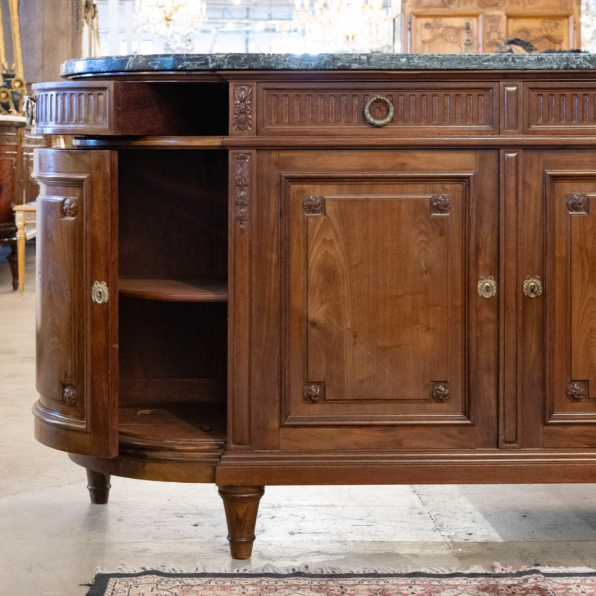 Louis XVI Wood Demilune Sideboard – Carved Trim & Brass Pulls with Black Marble Top - Image 6
