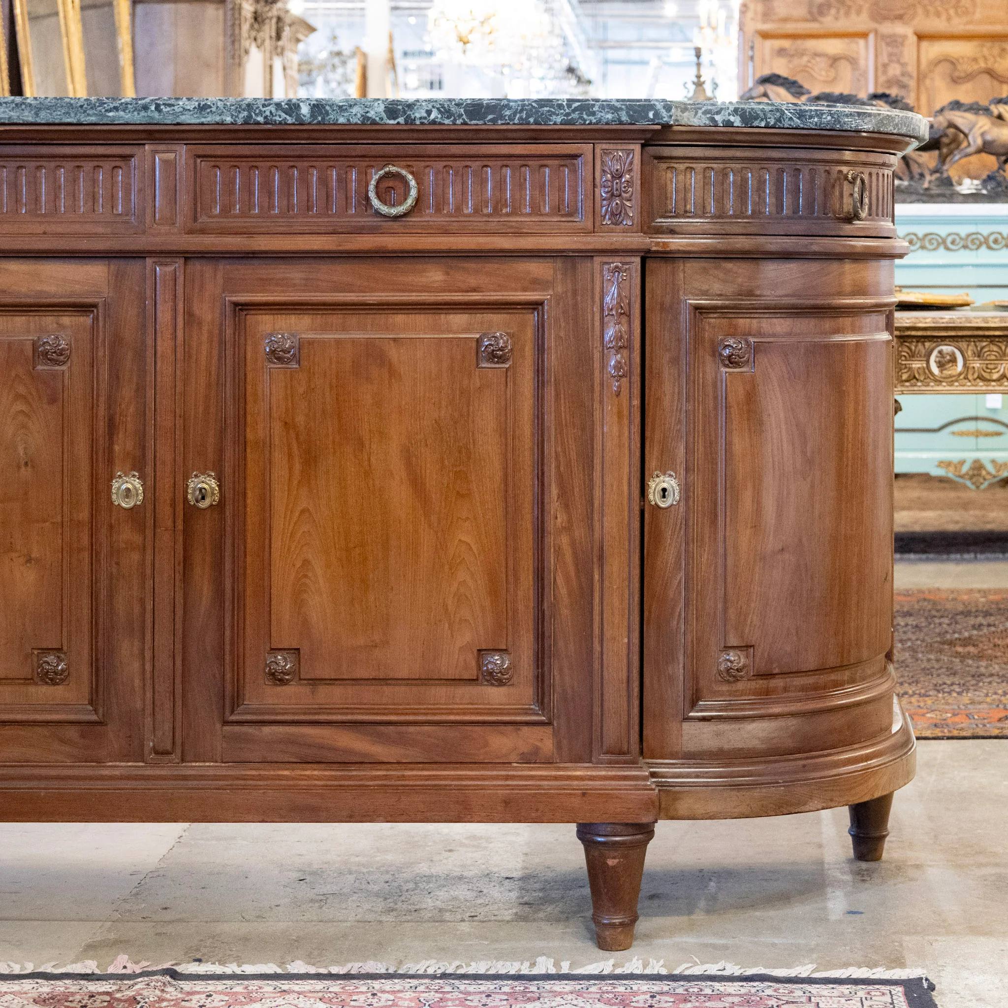 Louis XVI Wood Demilune Sideboard – Carved Trim & Brass Pulls with Black Marble Top - Image 7