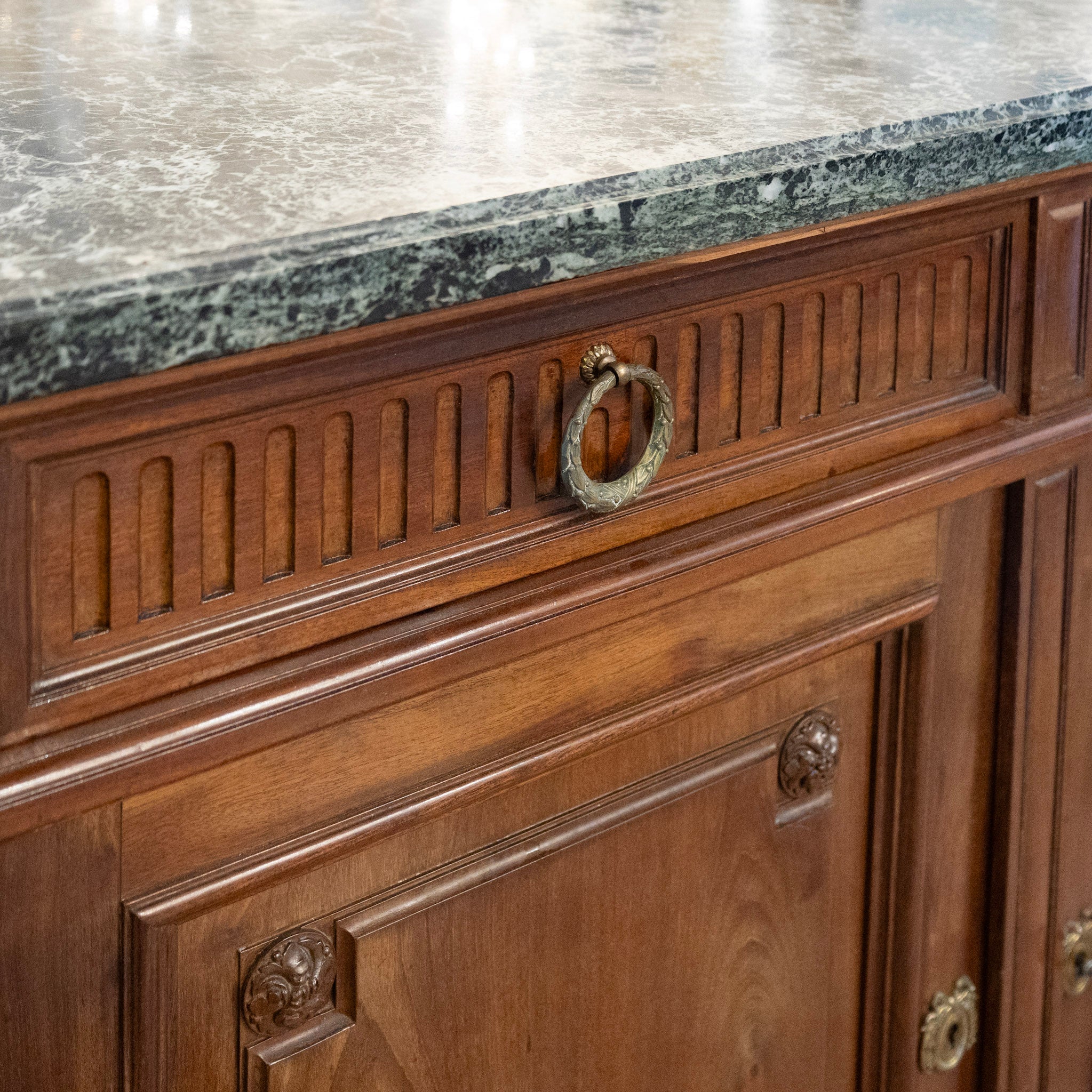 Louis XVI Wood Demilune Sideboard – Carved Trim & Brass Pulls with Black Marble Top - Image 8