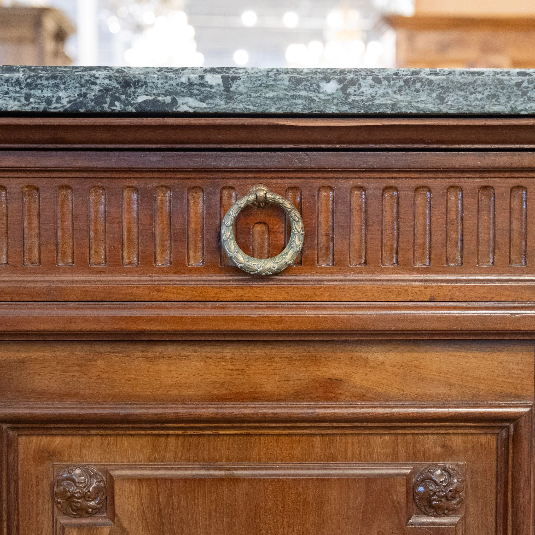 Louis XVI Wood Demilune Sideboard – Carved Trim & Brass Pulls with Black Marble Top - Image 9