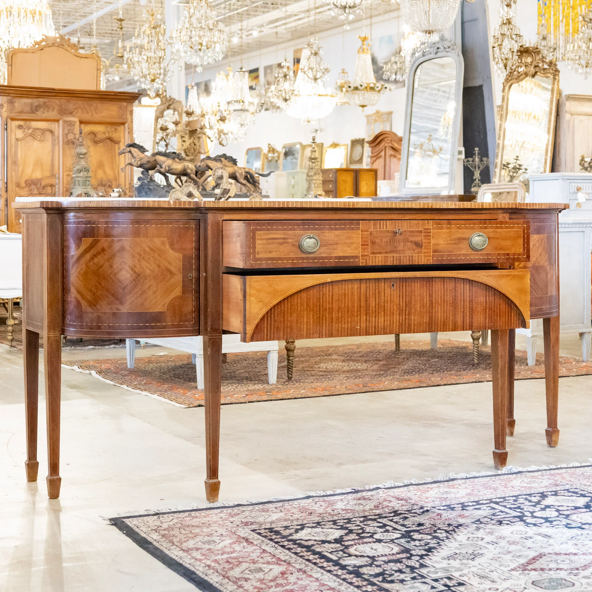 Louis XVI Wood Demilune Sideboard – Contrast Imbedded Wood Detailing - Image 3