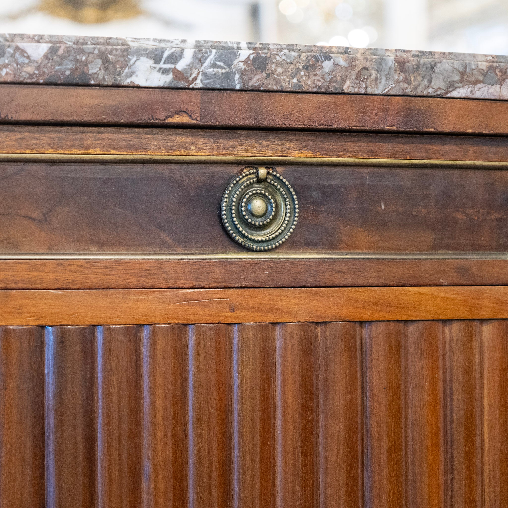 Louis XVI Wood Demilune Sideboard– Reeded Doors & Breccia Marble Top - Image 10
