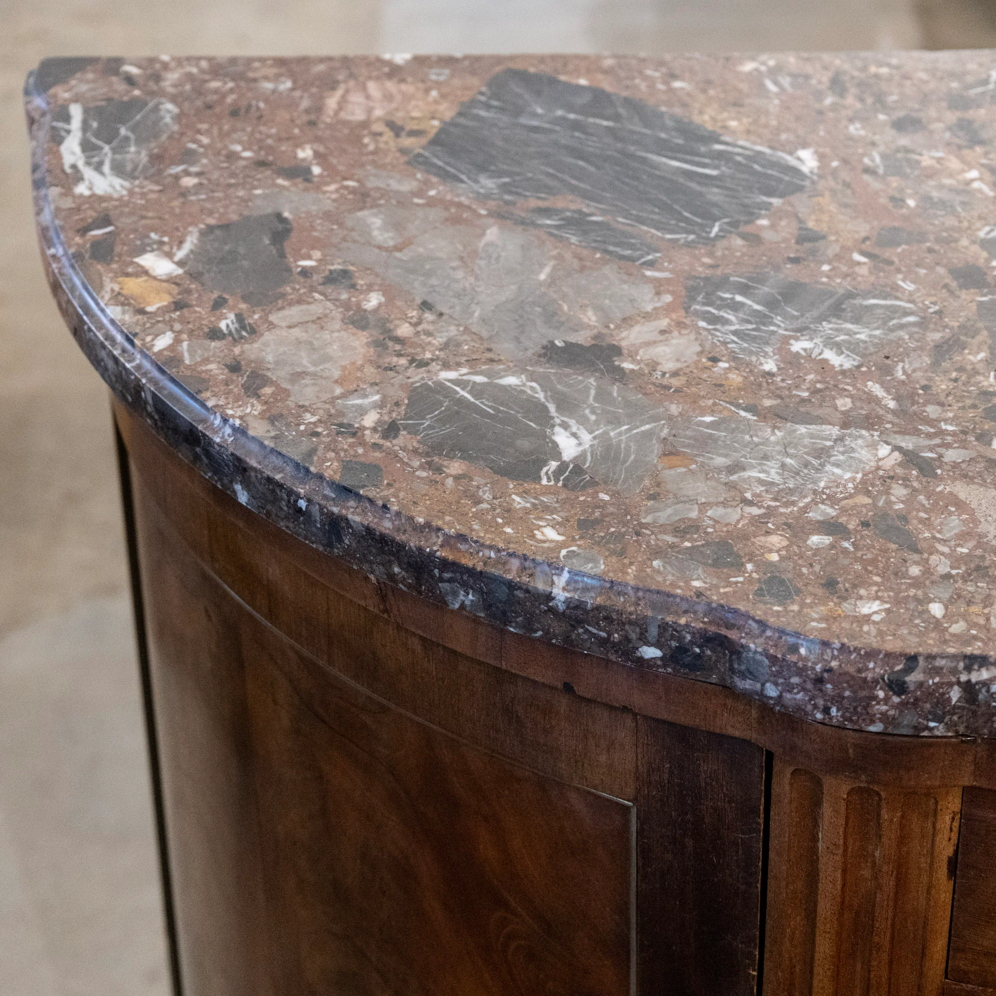 Louis XVI Wood Demilune Sideboard– Reeded Doors & Breccia Marble Top - Image 11