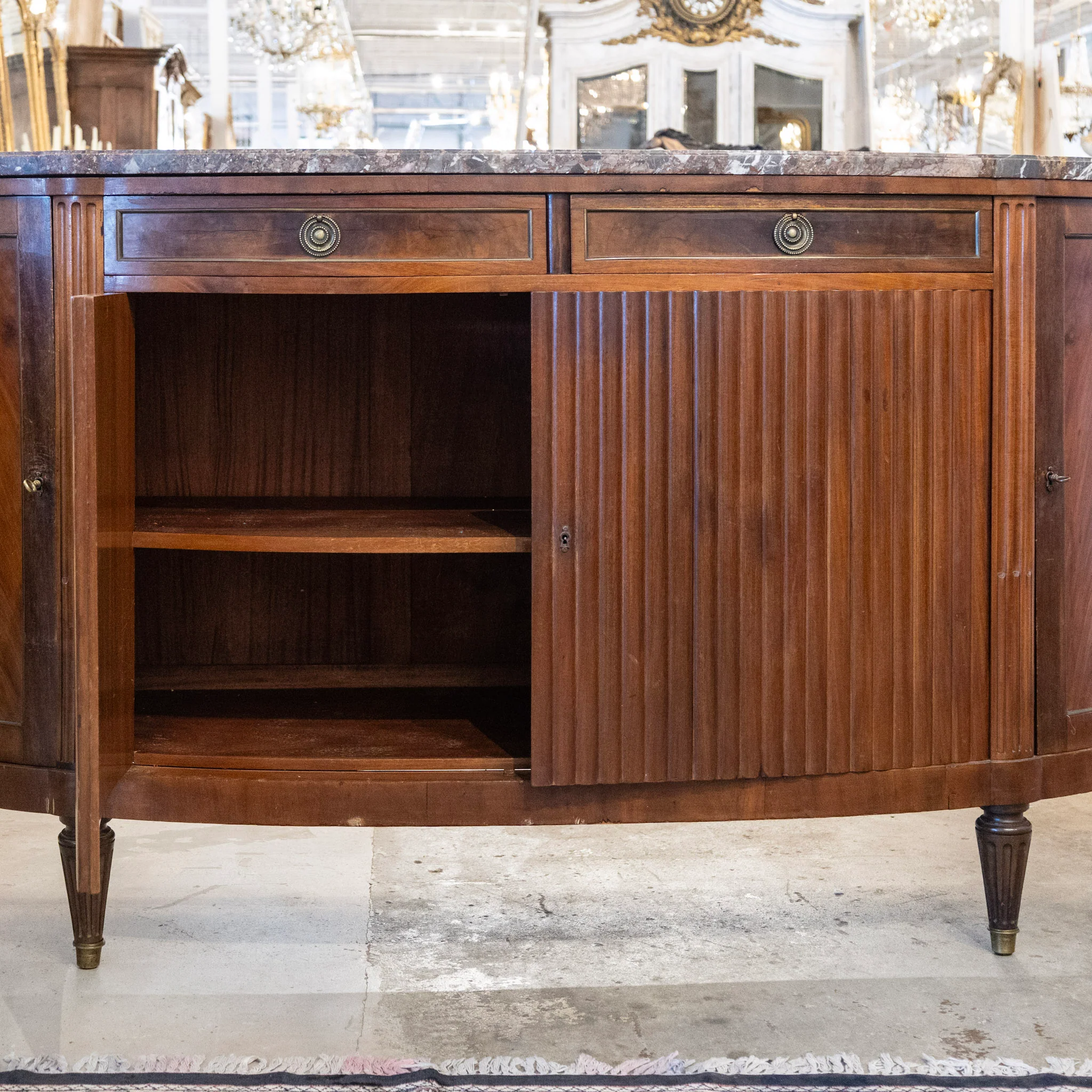 Louis XVI Wood Demilune Sideboard– Reeded Doors & Breccia Marble Top - Image 3