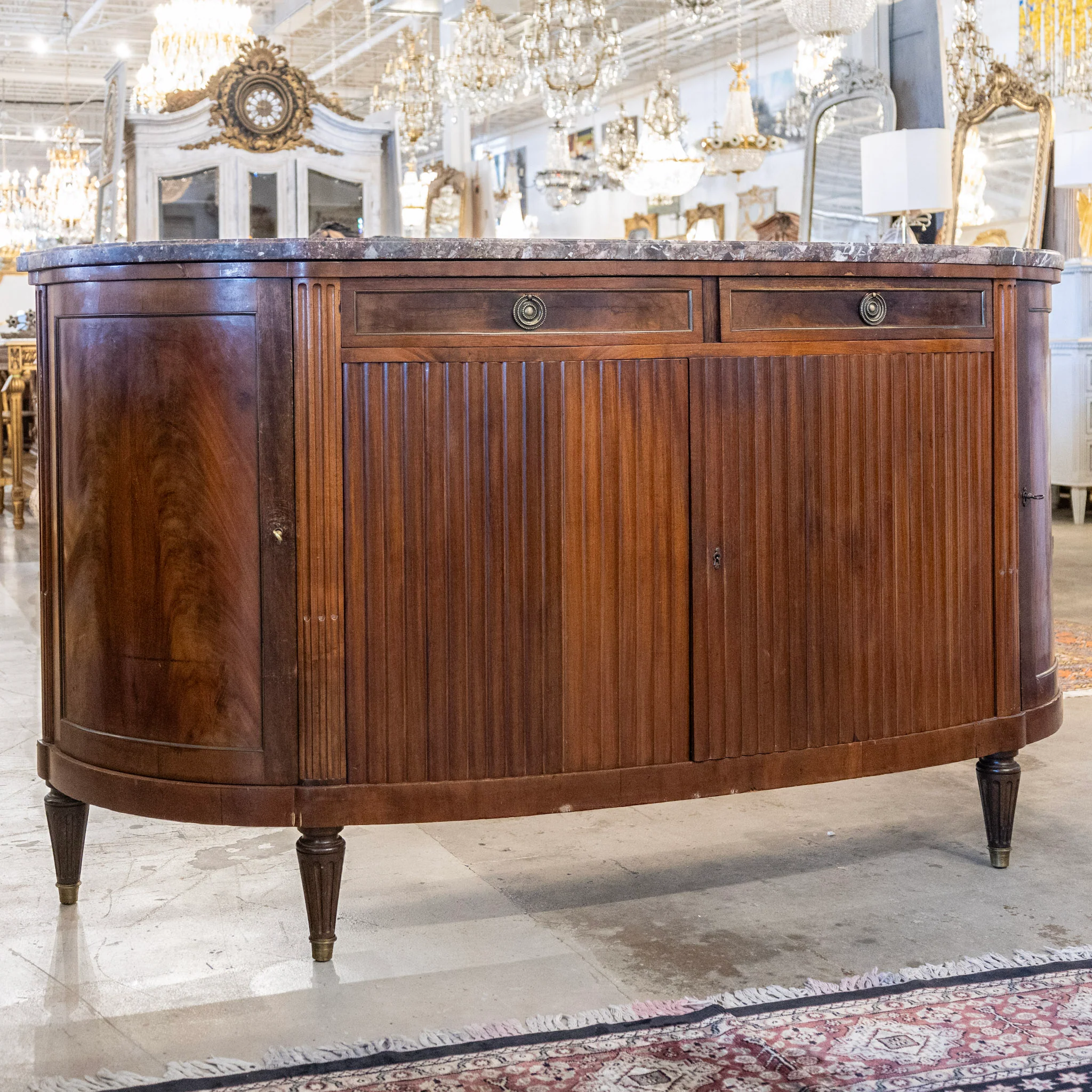 Louis XVI Wood Demilune Sideboard– Reeded Doors & Breccia Marble Top - Image 4