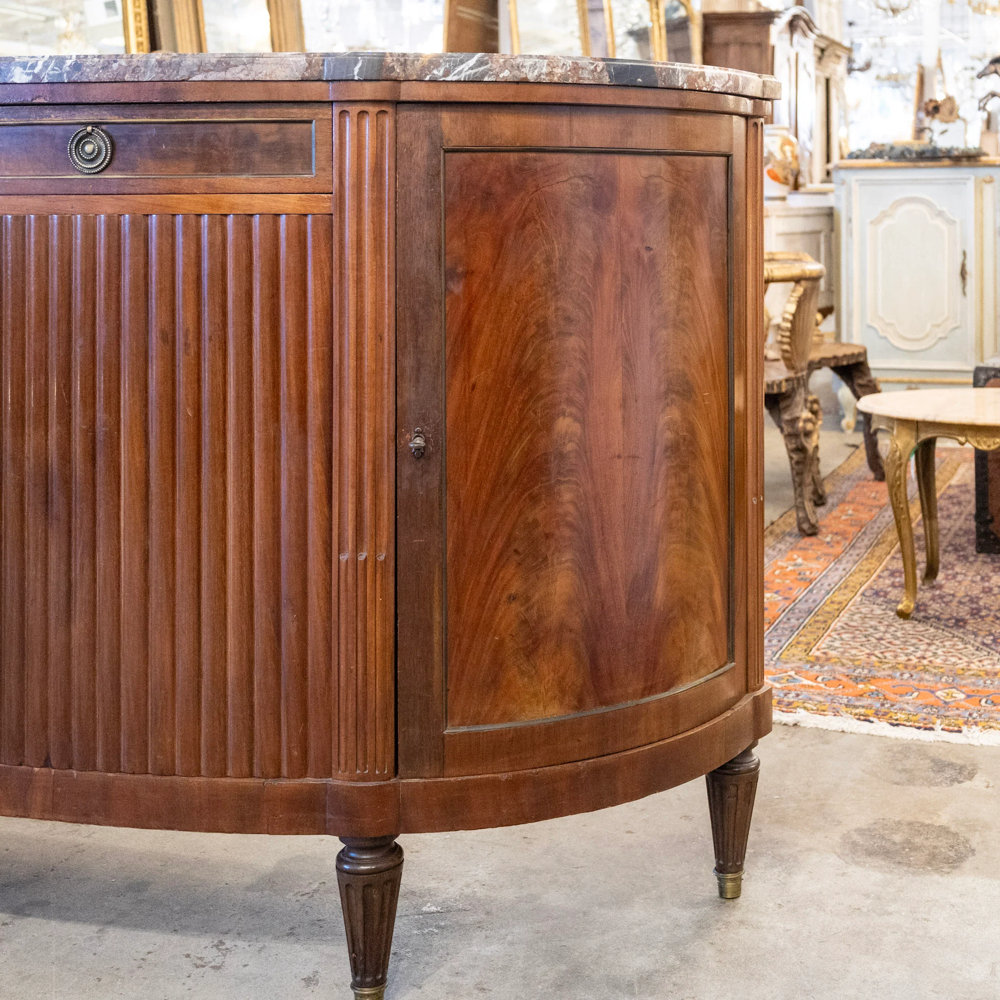 Louis XVI Wood Demilune Sideboard– Reeded Doors & Breccia Marble Top - Image 5