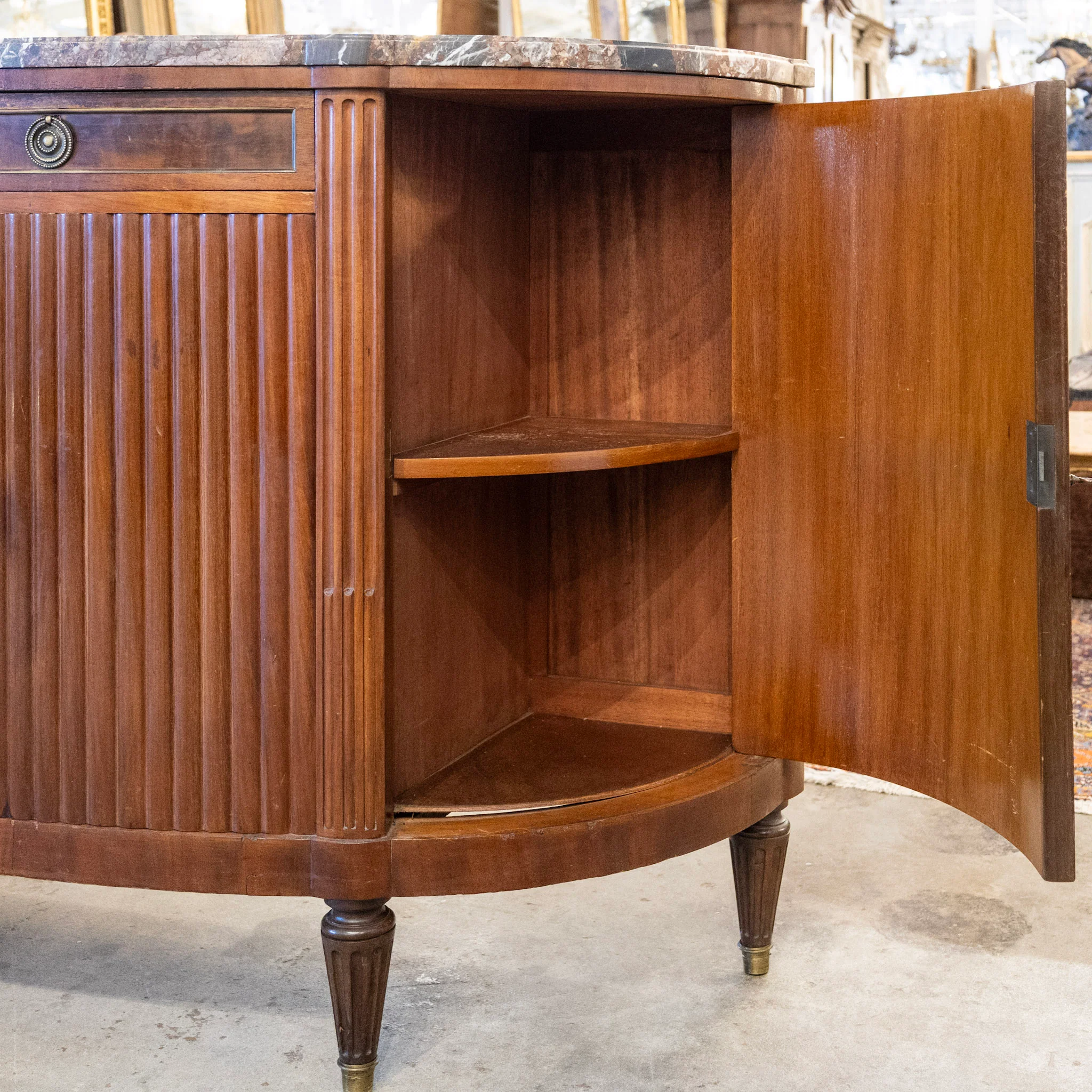Louis XVI Wood Demilune Sideboard– Reeded Doors & Breccia Marble Top - Image 6