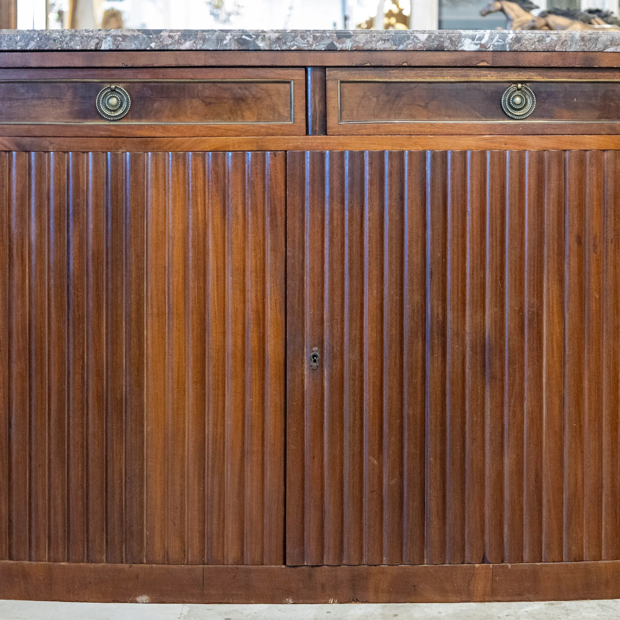 Louis XVI Wood Demilune Sideboard– Reeded Doors & Breccia Marble Top - Image 7