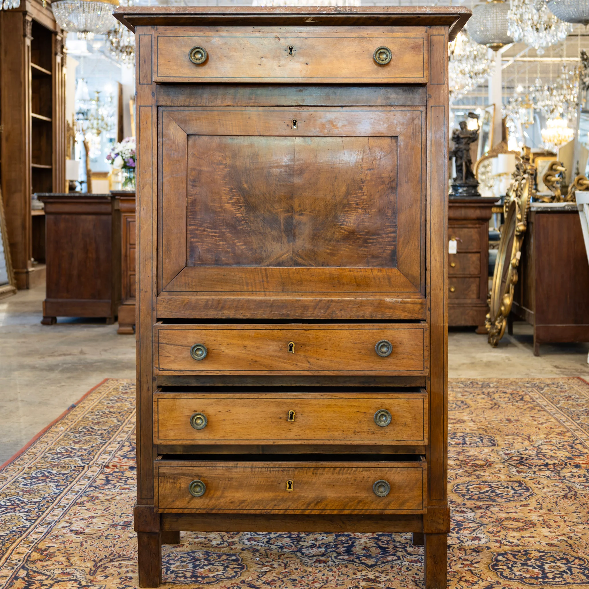 Louis XVI Wood Secretary Desk – Drop Front Drawers with Rosy-Brown Marble Top - Image 3