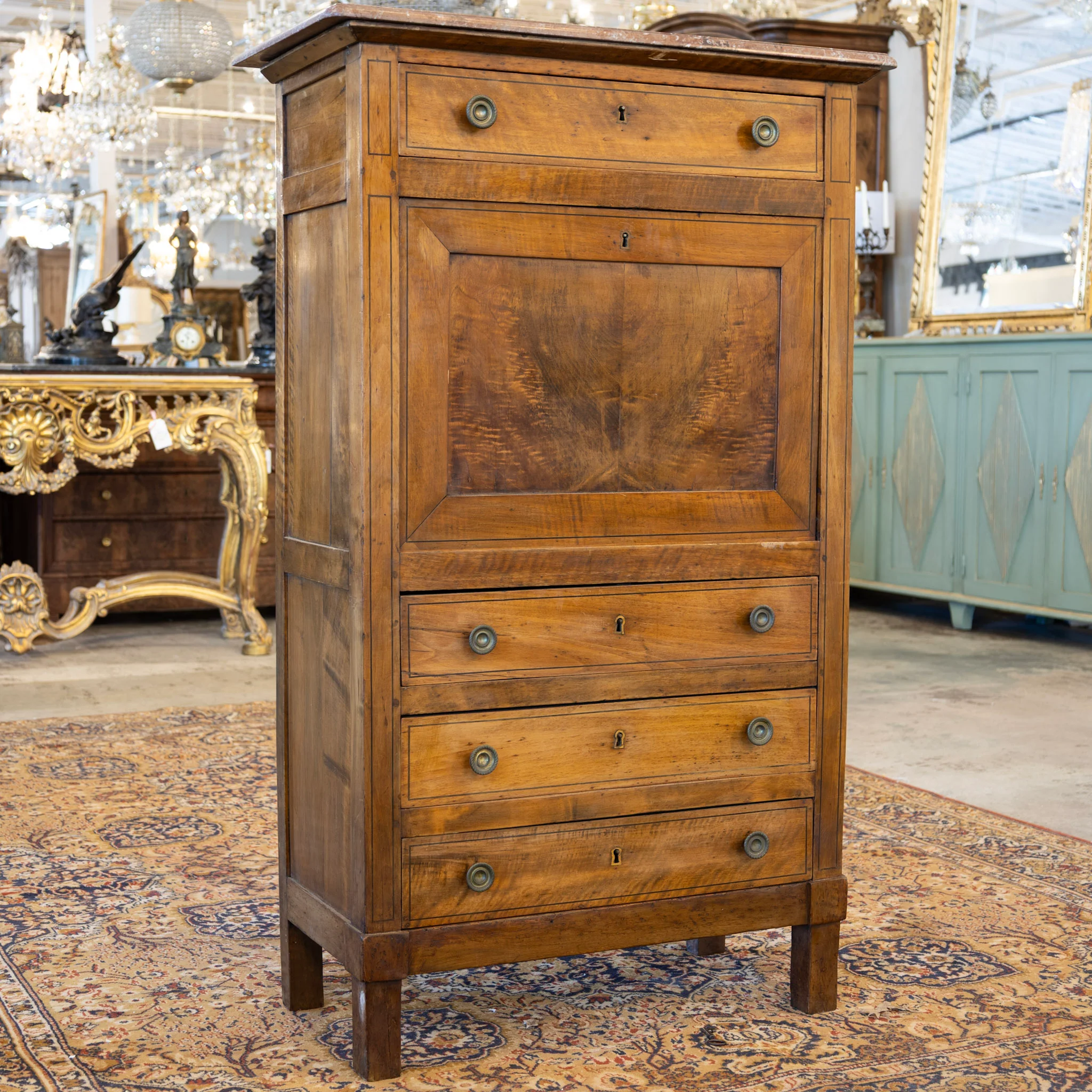 Louis XVI Wood Secretary Desk – Drop Front Drawers with Rosy-Brown Marble Top - Image 4