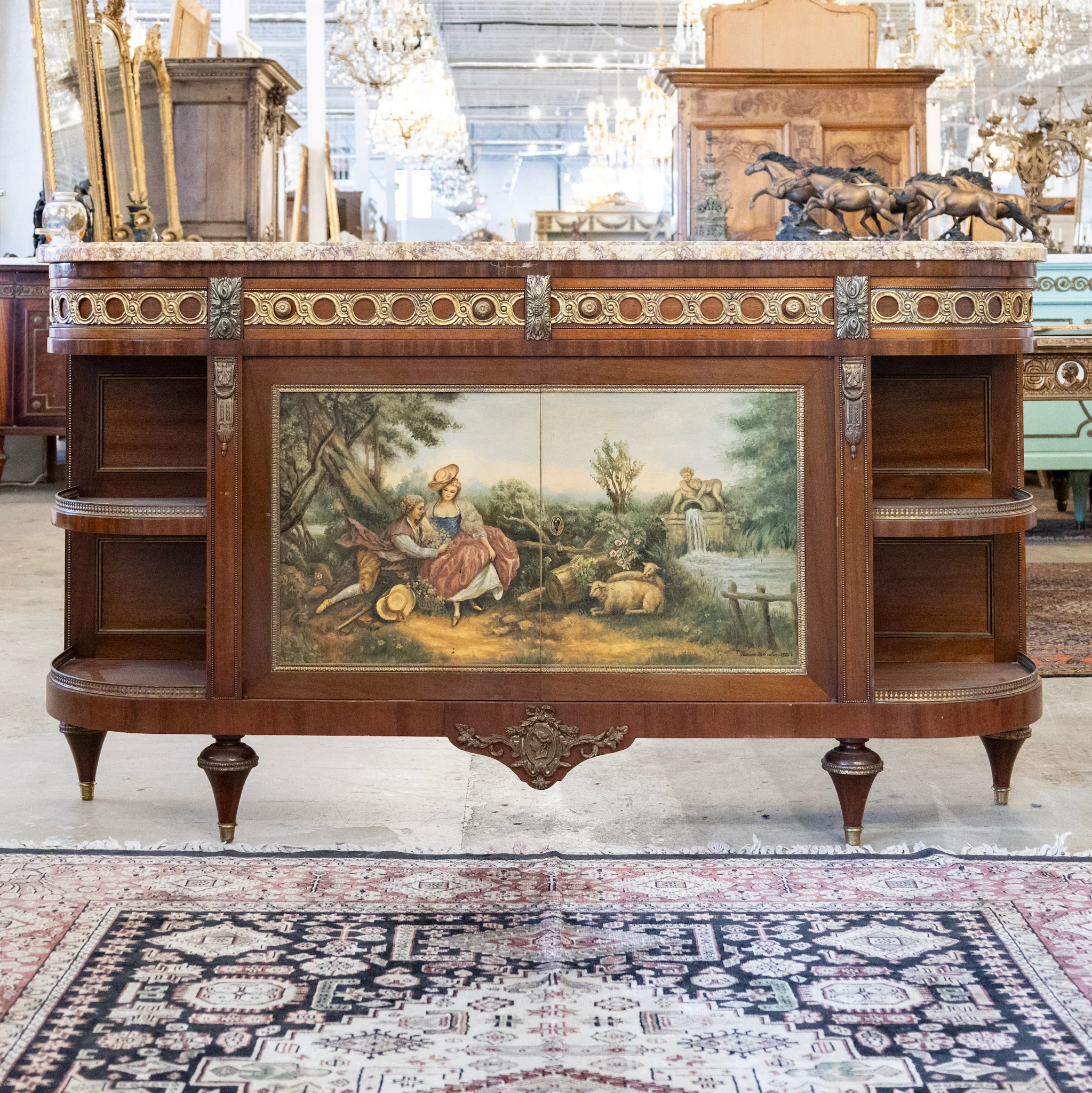 Louis XVI Wood Sideboard – Brass Ormolu Trim & Hand-Painted Panel with Breccia Marble Top