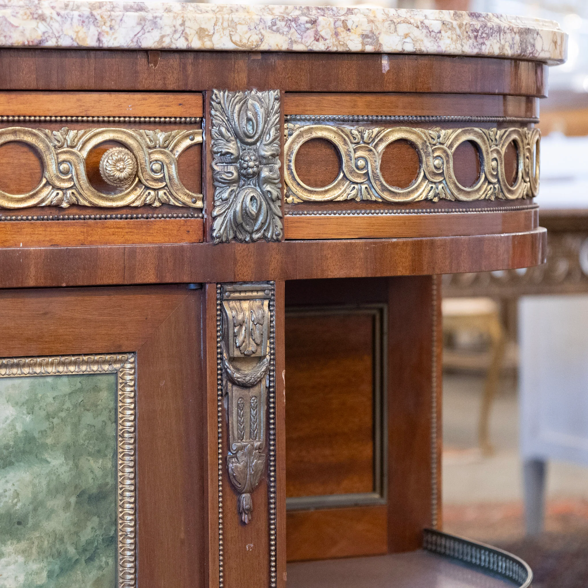 Louis XVI Wood Sideboard – Brass Ormolu Trim & Hand-Painted Panel with Breccia Marble Top - Image 10