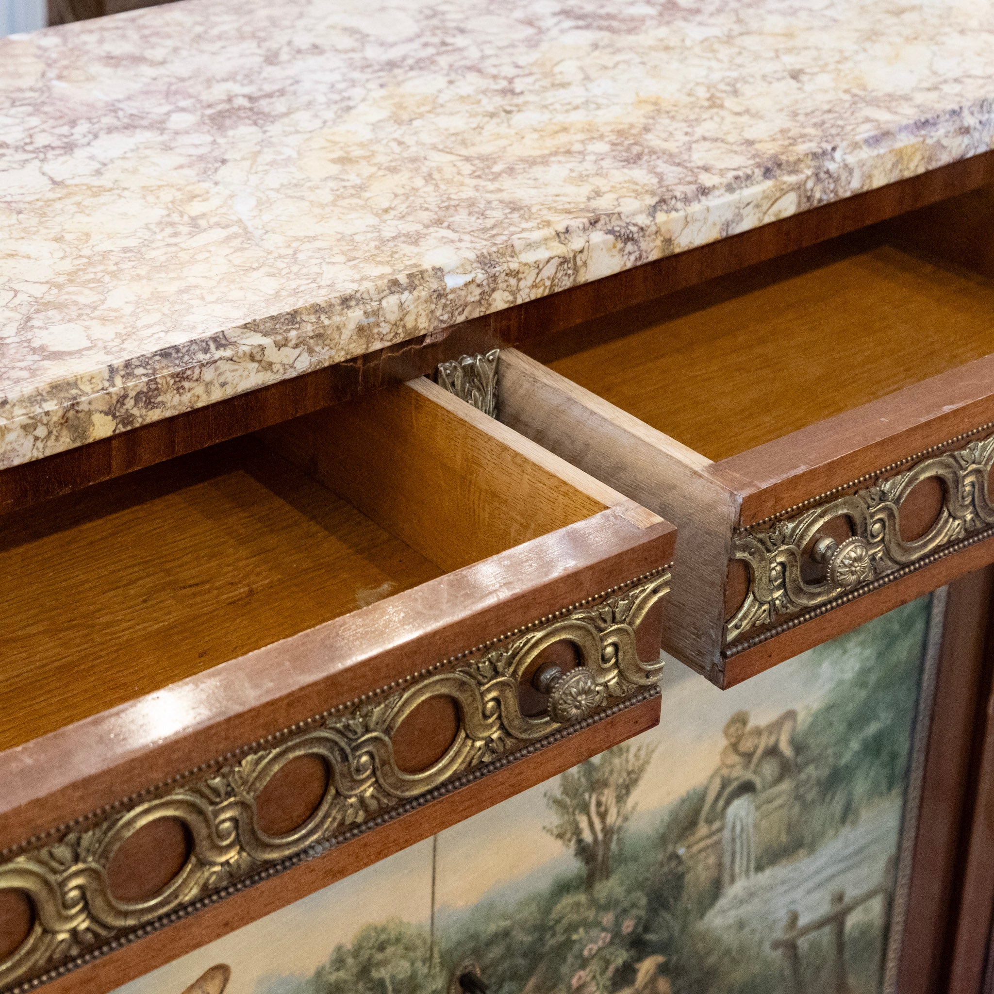 Louis XVI Wood Sideboard – Brass Ormolu Trim & Hand-Painted Panel with Breccia Marble Top - Image 15