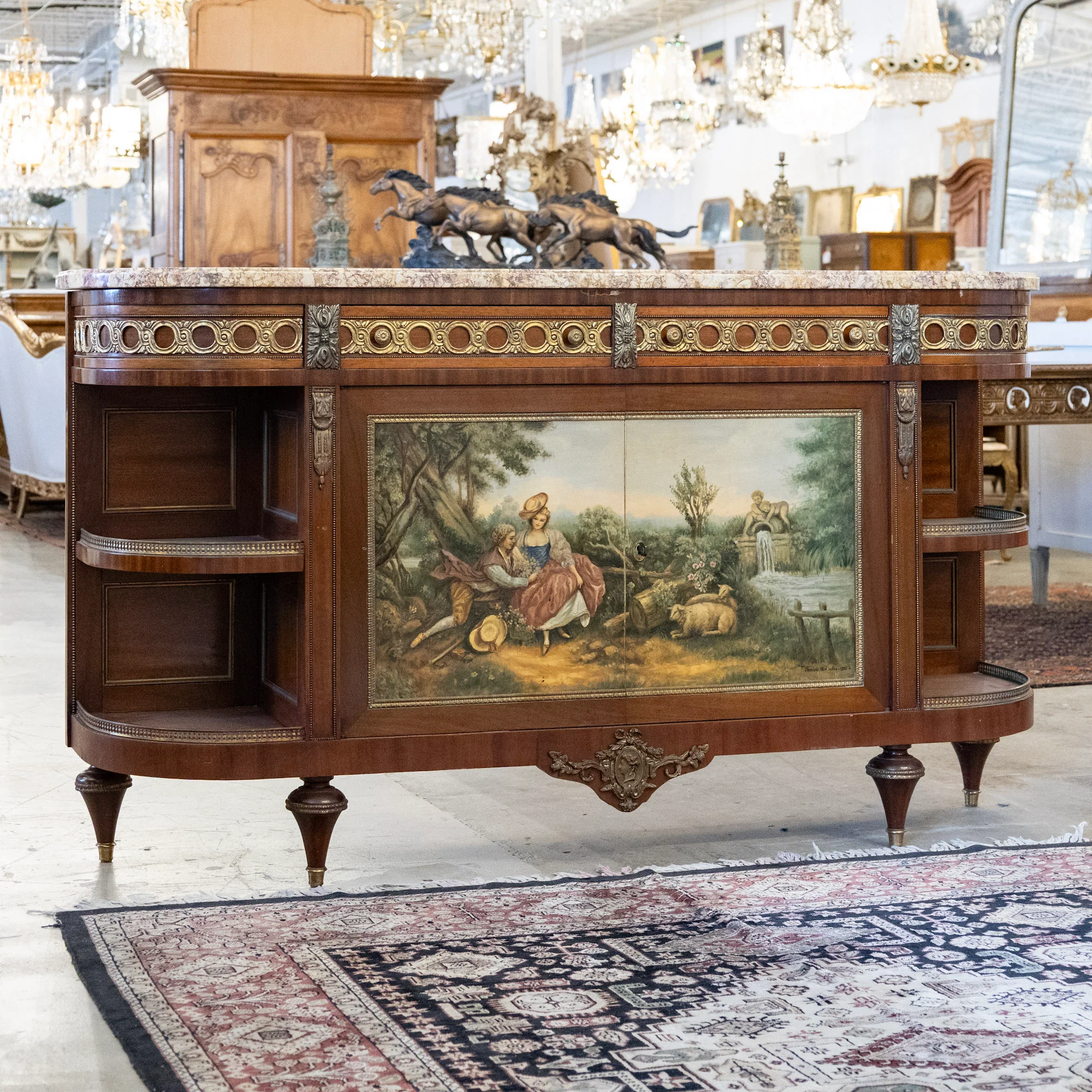 Louis XVI Wood Sideboard – Brass Ormolu Trim & Hand-Painted Panel with Breccia Marble Top - Image 2
