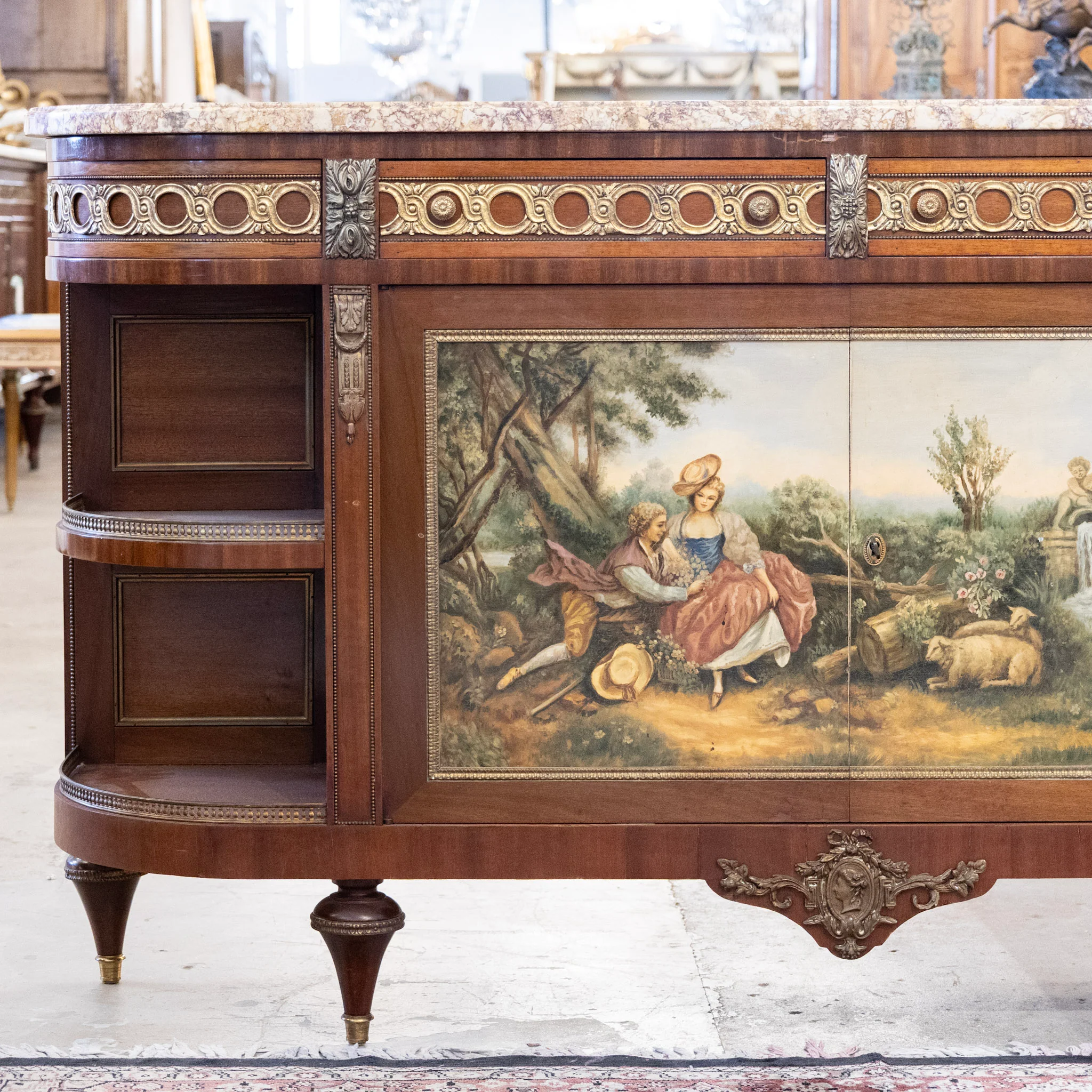 Louis XVI Wood Sideboard – Brass Ormolu Trim & Hand-Painted Panel with Breccia Marble Top - Image 3