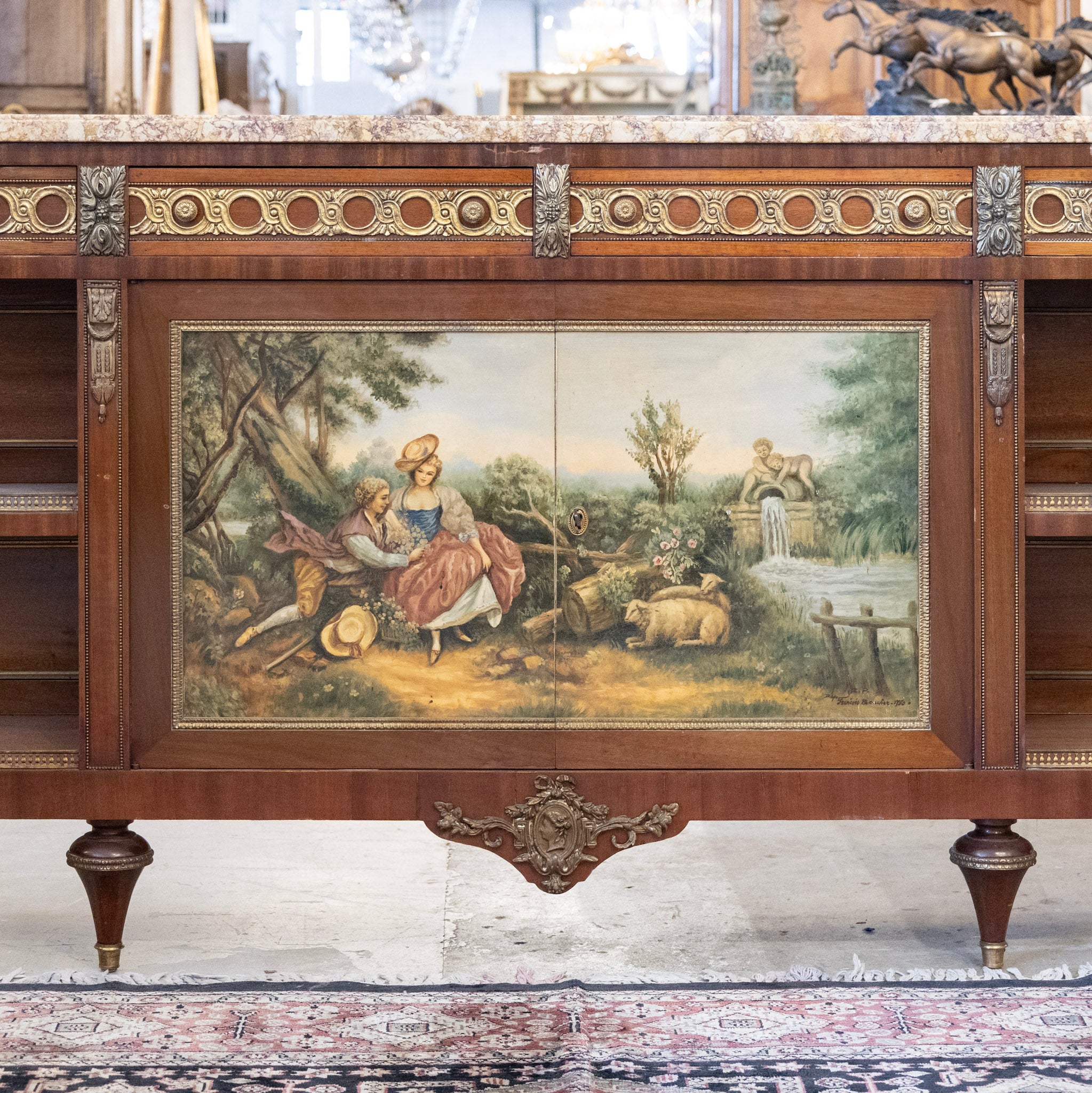 Louis XVI Wood Sideboard – Brass Ormolu Trim & Hand-Painted Panel with Breccia Marble Top - Image 4