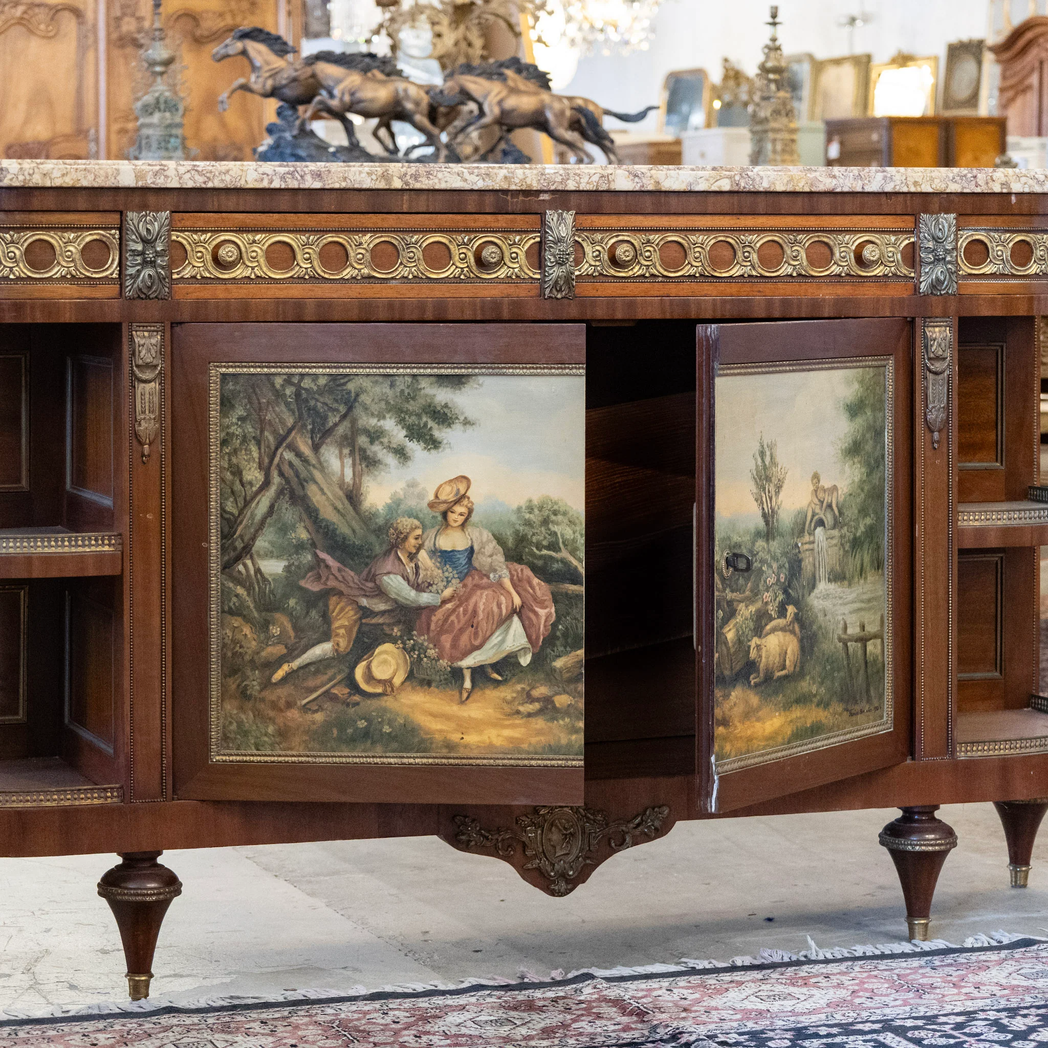 Louis XVI Wood Sideboard – Brass Ormolu Trim & Hand-Painted Panel with Breccia Marble Top - Image 5