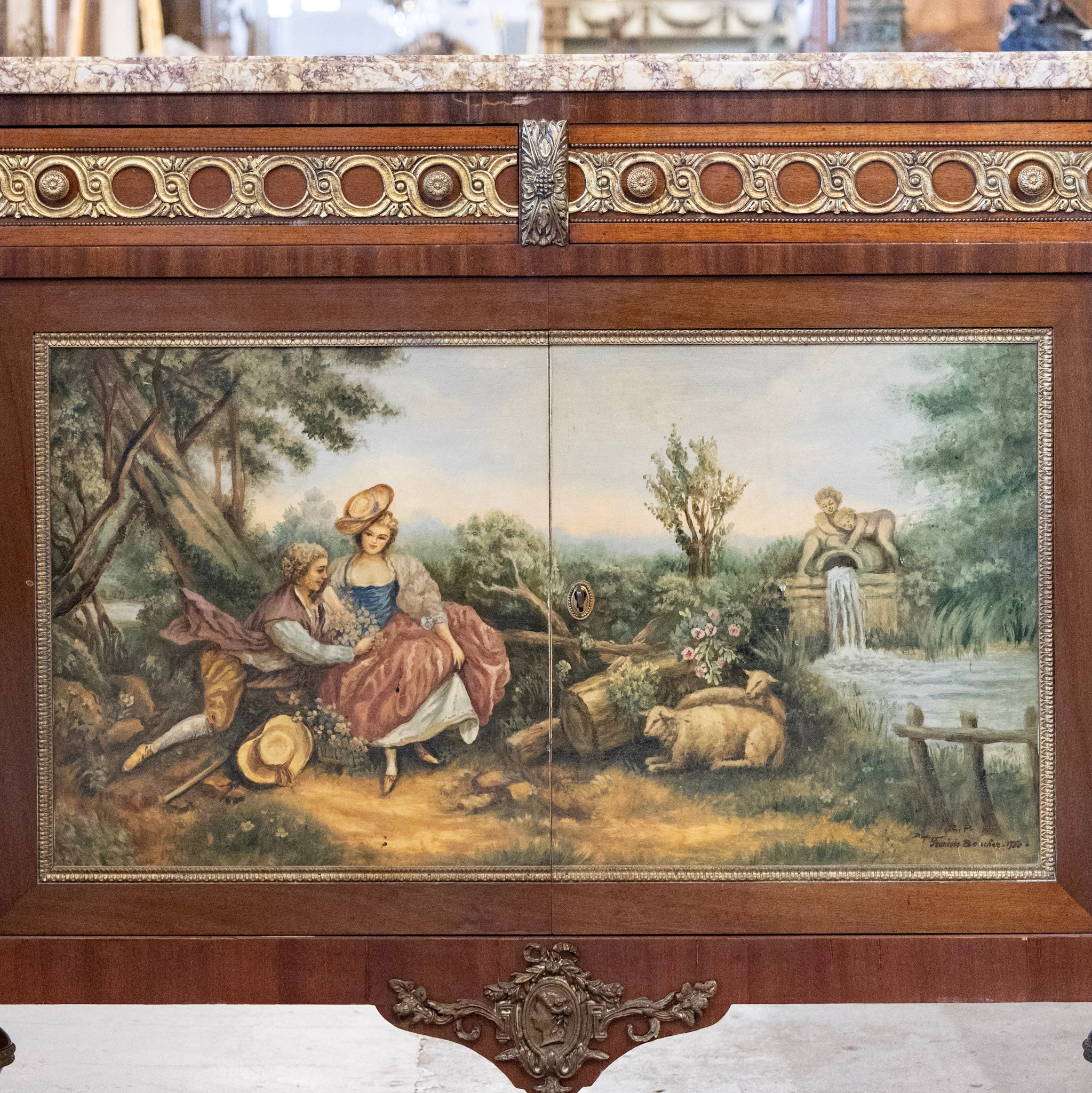 Louis XVI Wood Sideboard – Brass Ormolu Trim & Hand-Painted Panel with Breccia Marble Top - Image 6