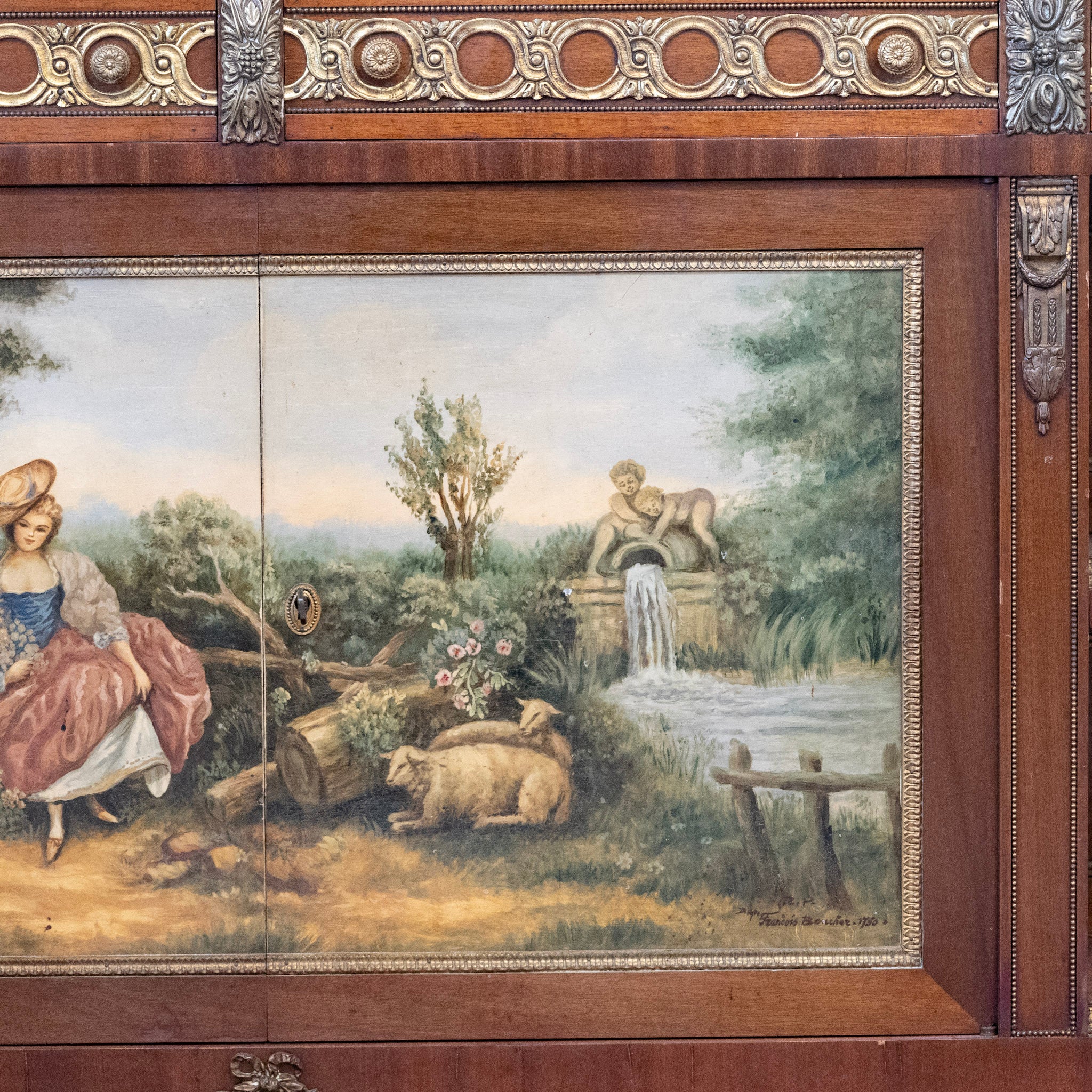 Louis XVI Wood Sideboard – Brass Ormolu Trim & Hand-Painted Panel with Breccia Marble Top - Image 8