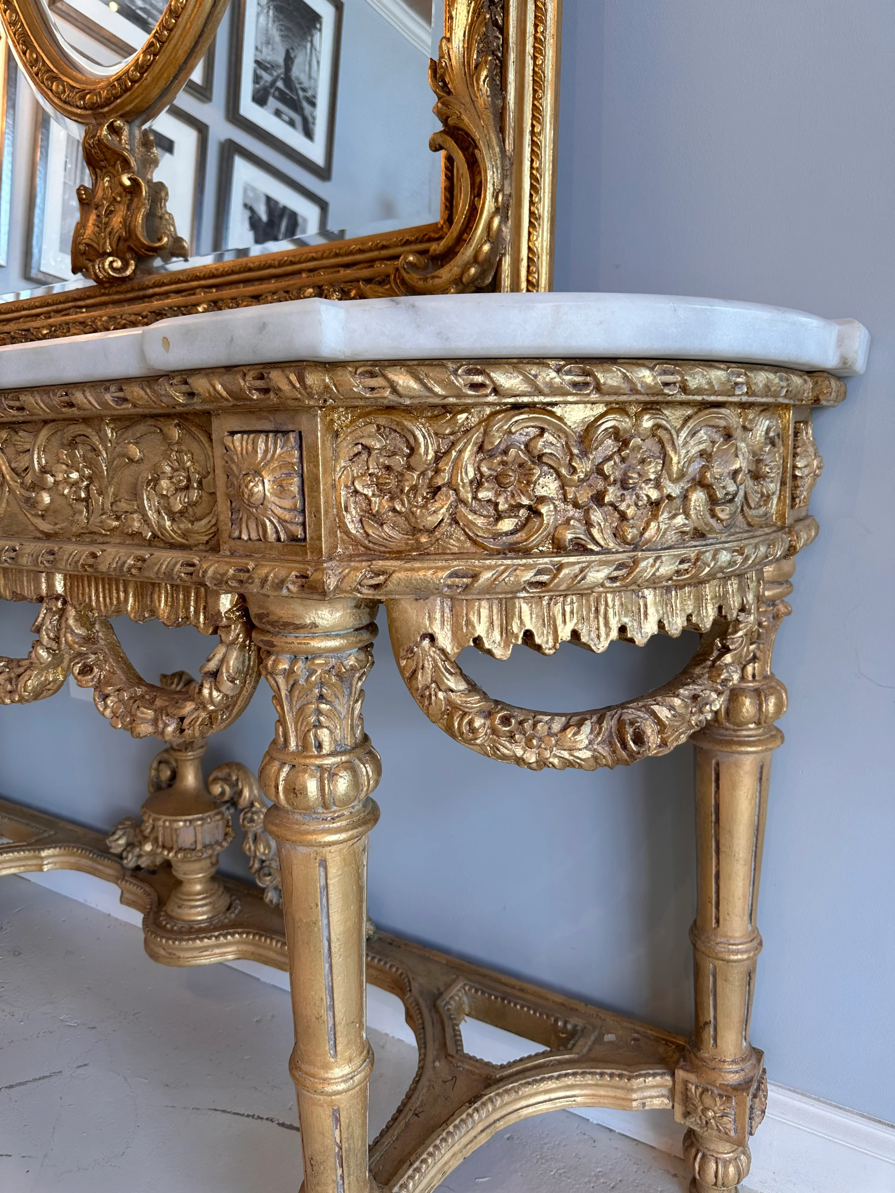 Marble Top Demilune Console with Carvings - Image 3