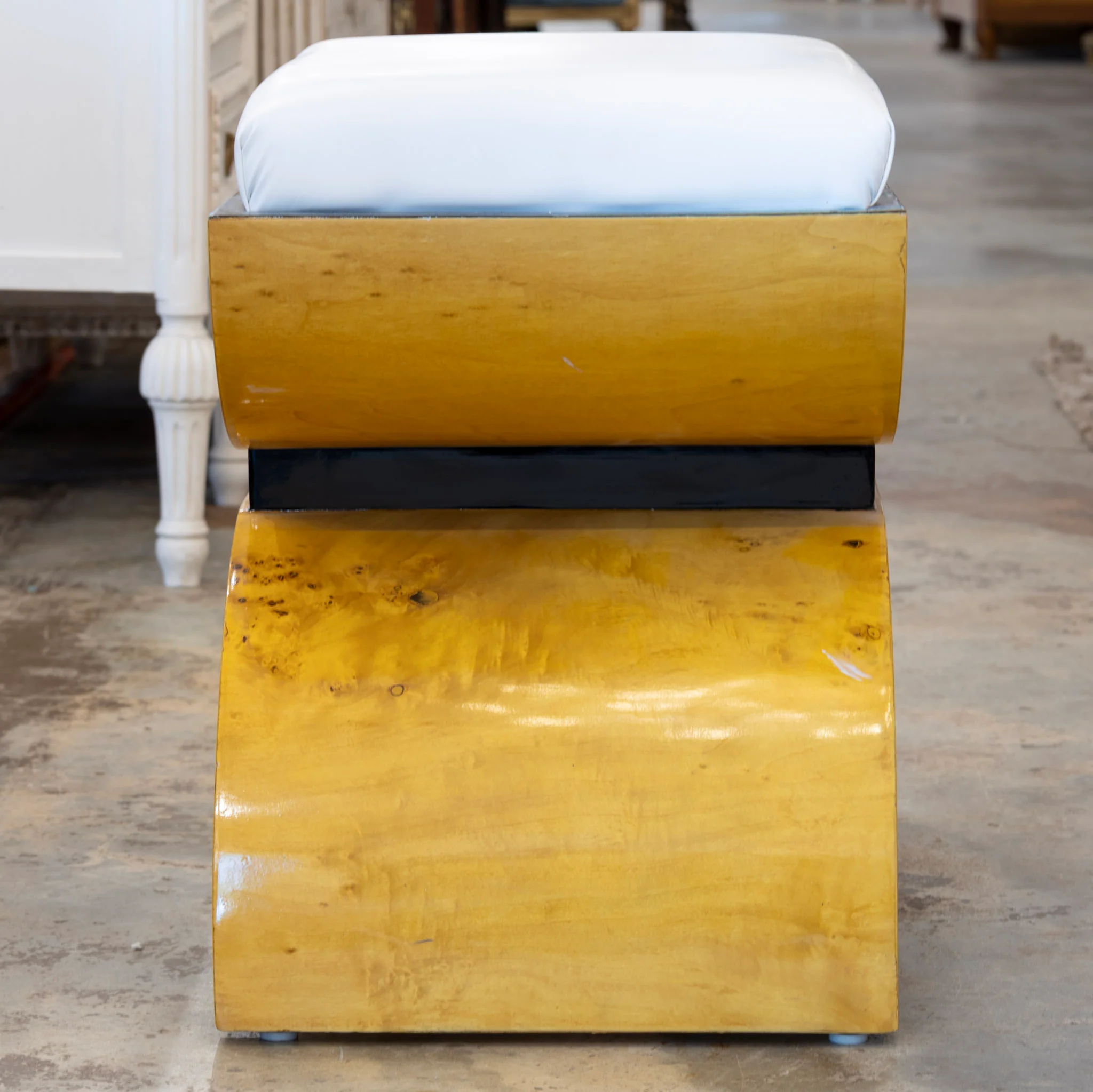 Art Deco Curved Leg Stool – Burl Wood Finish & White Seat - Image 3