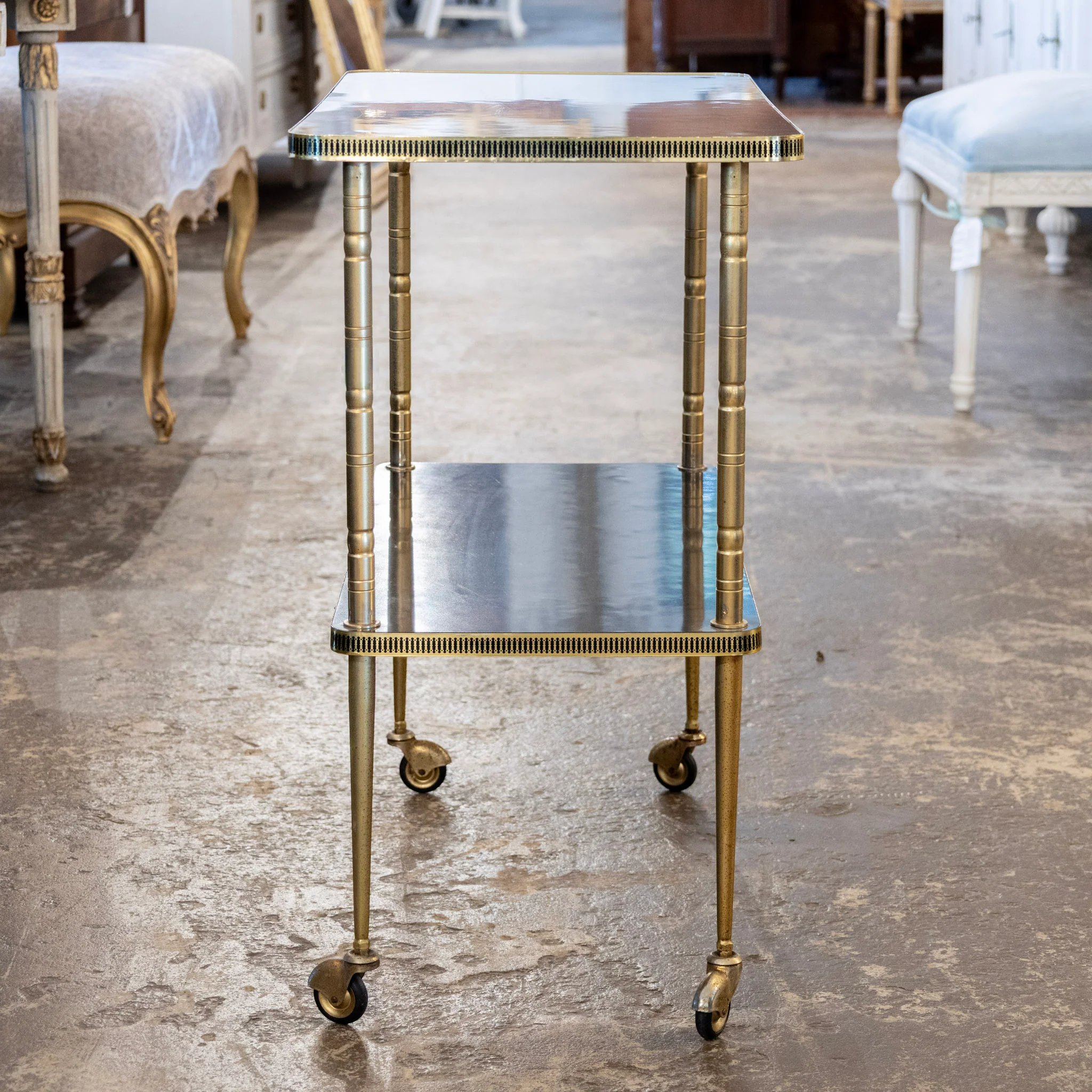 Mid-Century Two-Tier Rolling Brass Bar Cart - Image 3