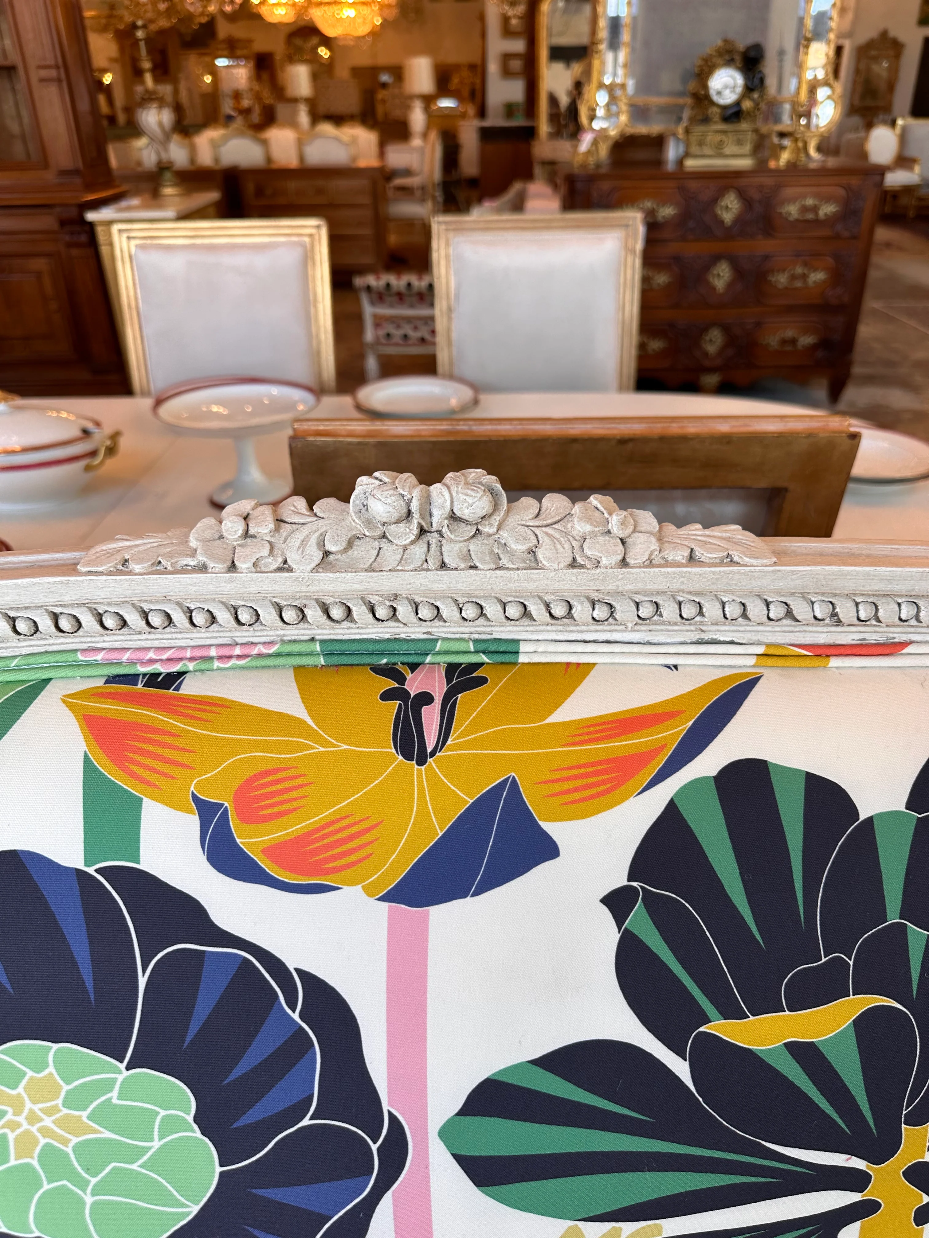 Multi-Color Floral Print French Louis XVI Settee - Image 4