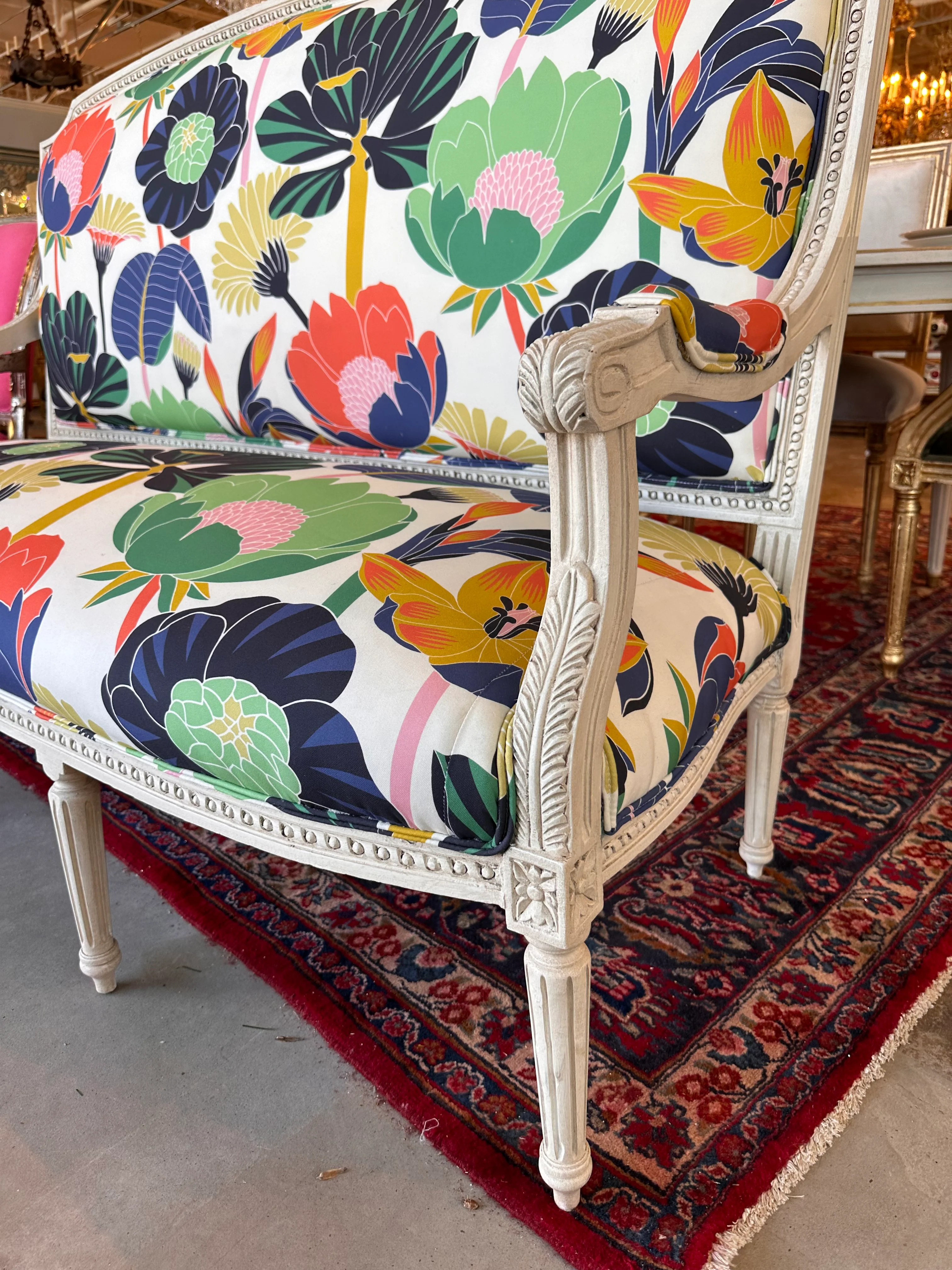 Multi-Color Floral Print French Louis XVI Settee - Image 5