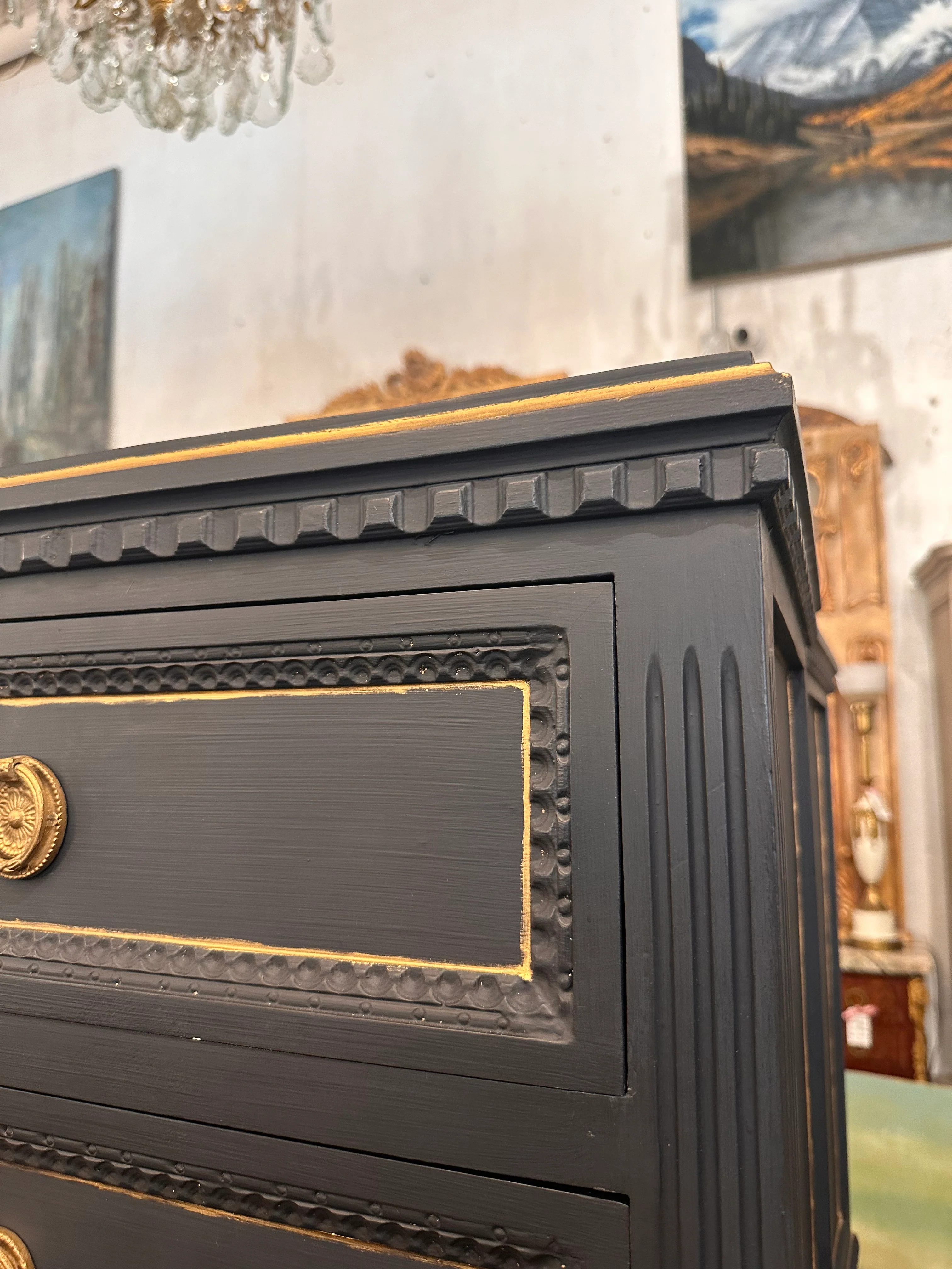 Navy Blue Swedish Nightstand with Gold Trim - Image 3