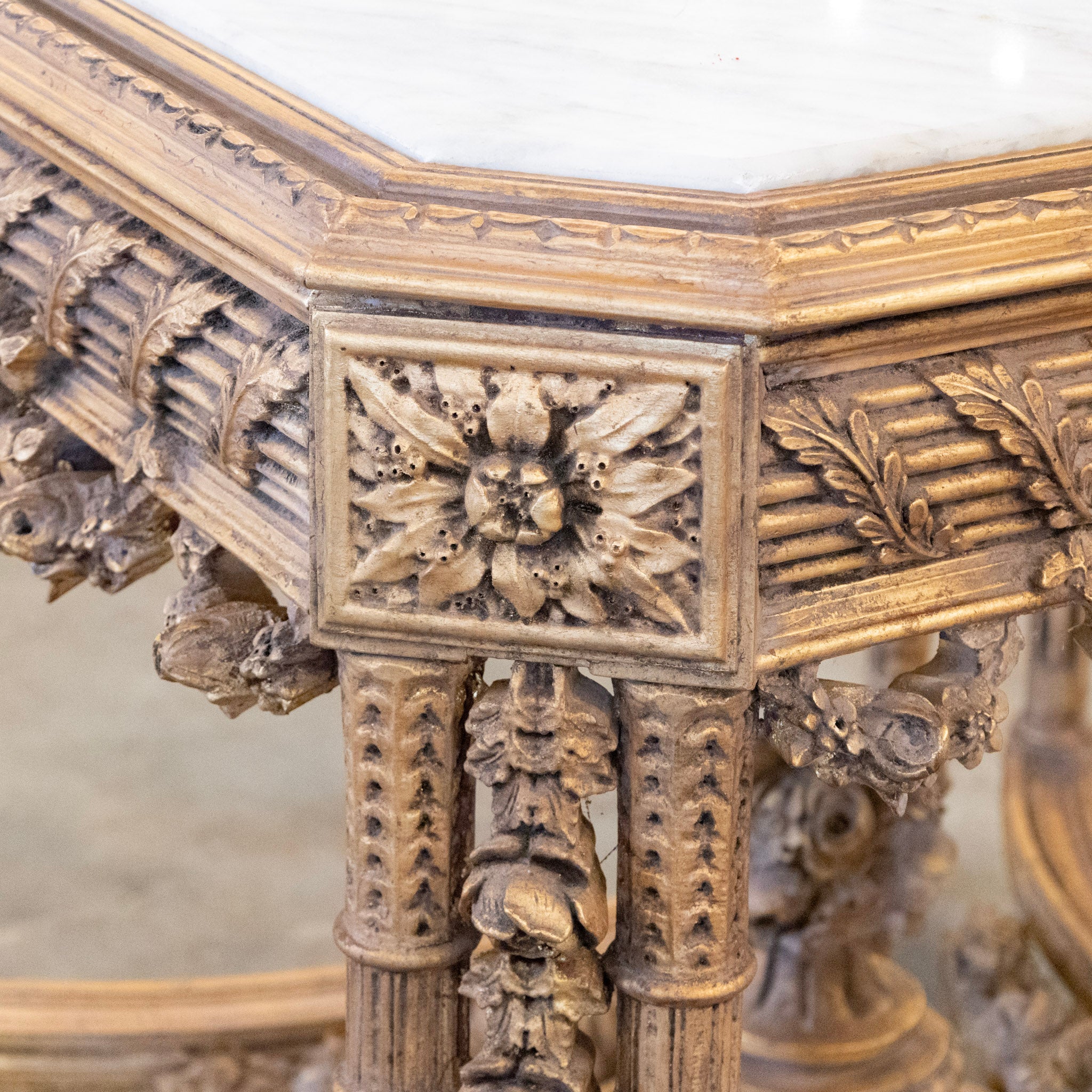 Neoclassical Ornate Center Table – Floral Carvings & White Marble Top - Image 12