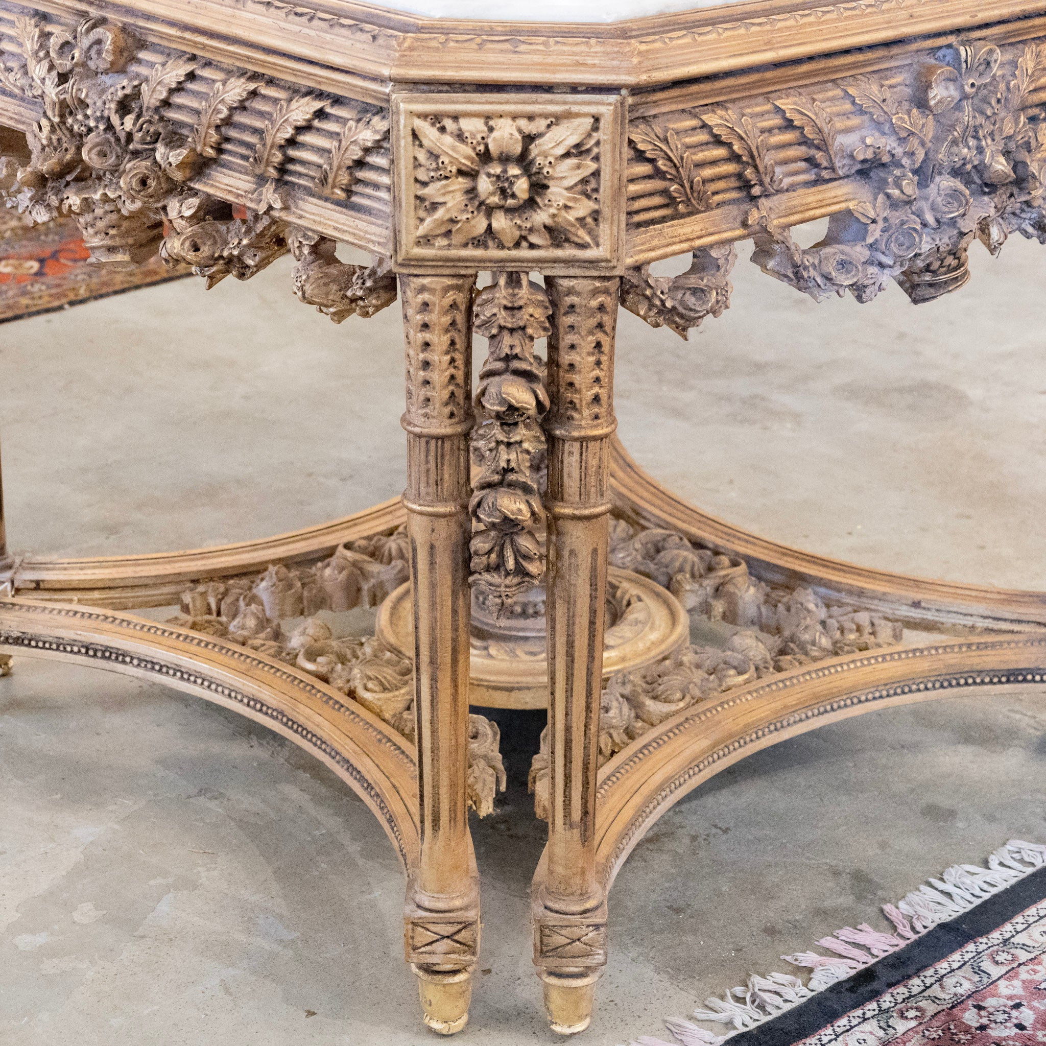 Neoclassical Ornate Center Table – Floral Carvings & White Marble Top - Image 13